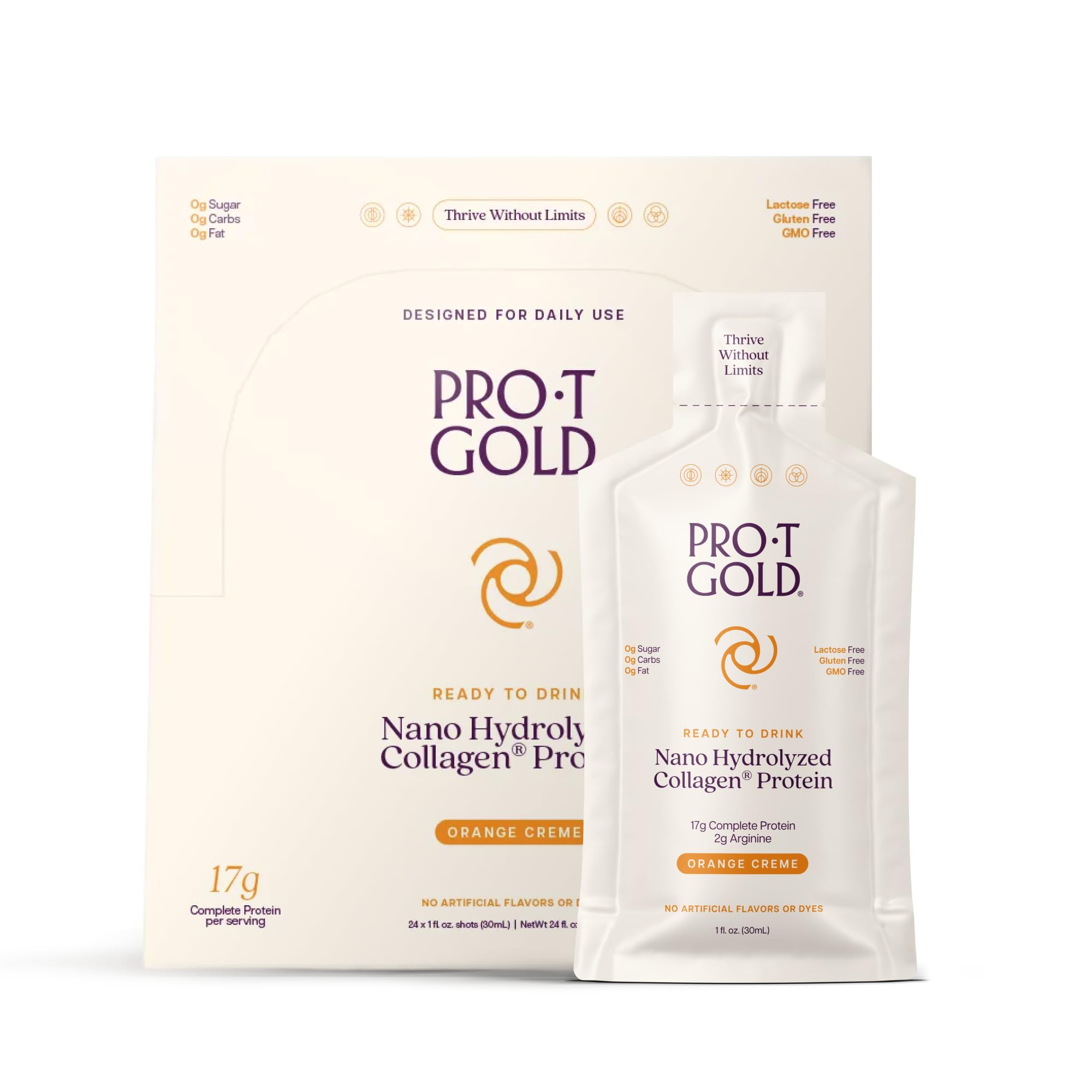ProT Gold Liquid Collagen Protein Shot, 17g Clear Protein Nano-Hydrolyzed Grass Fed Collagen, 2g Arginine for Wound Support, Gluten Free, Sugar Free, 0g Carbs, Orange Creme, 1 fl oz, 24 Pack ProT Gold buy supplements canada