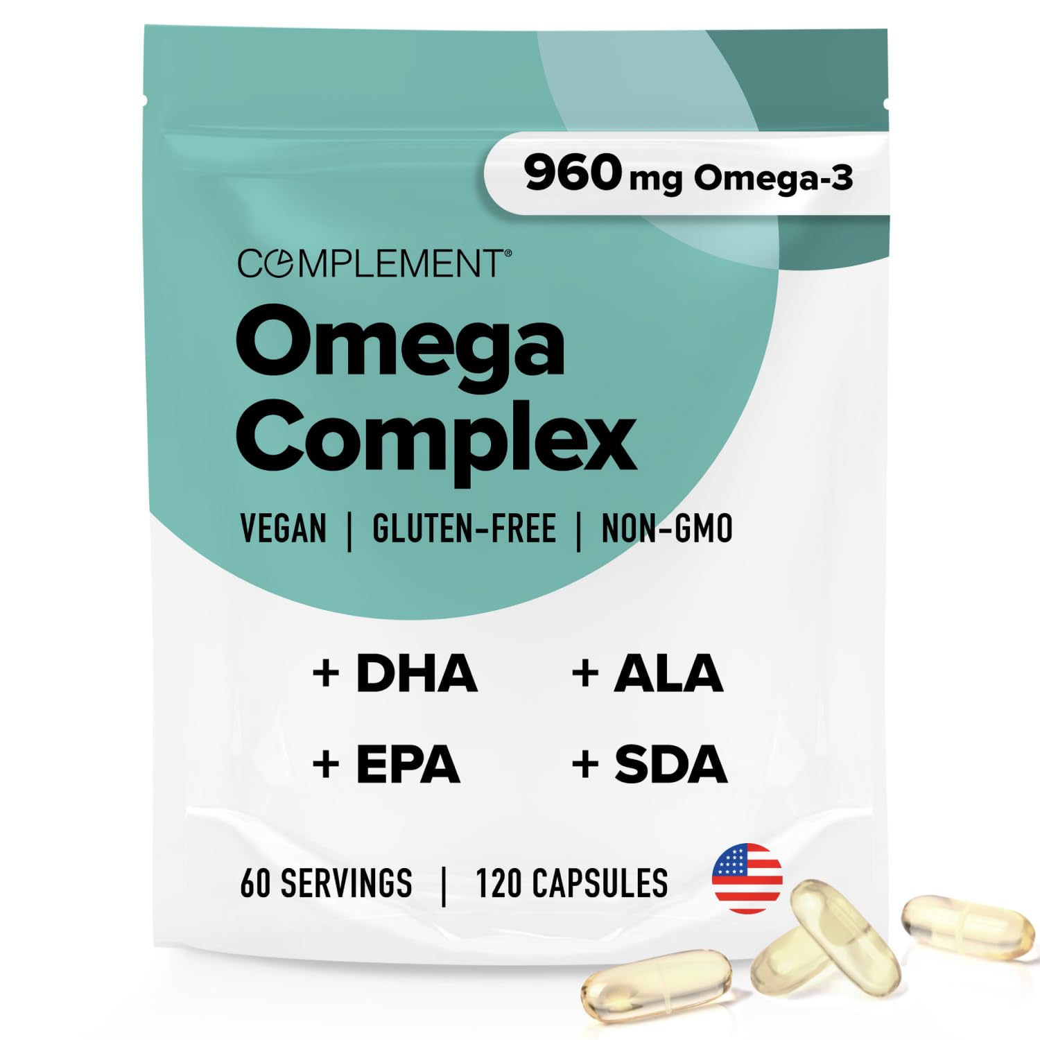 Complement Vegan Omega 3 Supplement- 960mg Omega-3 Fatty Acids, DHA, EPA, SDA, ALA Supplement - Immune Support- 60 Servings, 120 Liquid Capsules Complement buy supplements canada