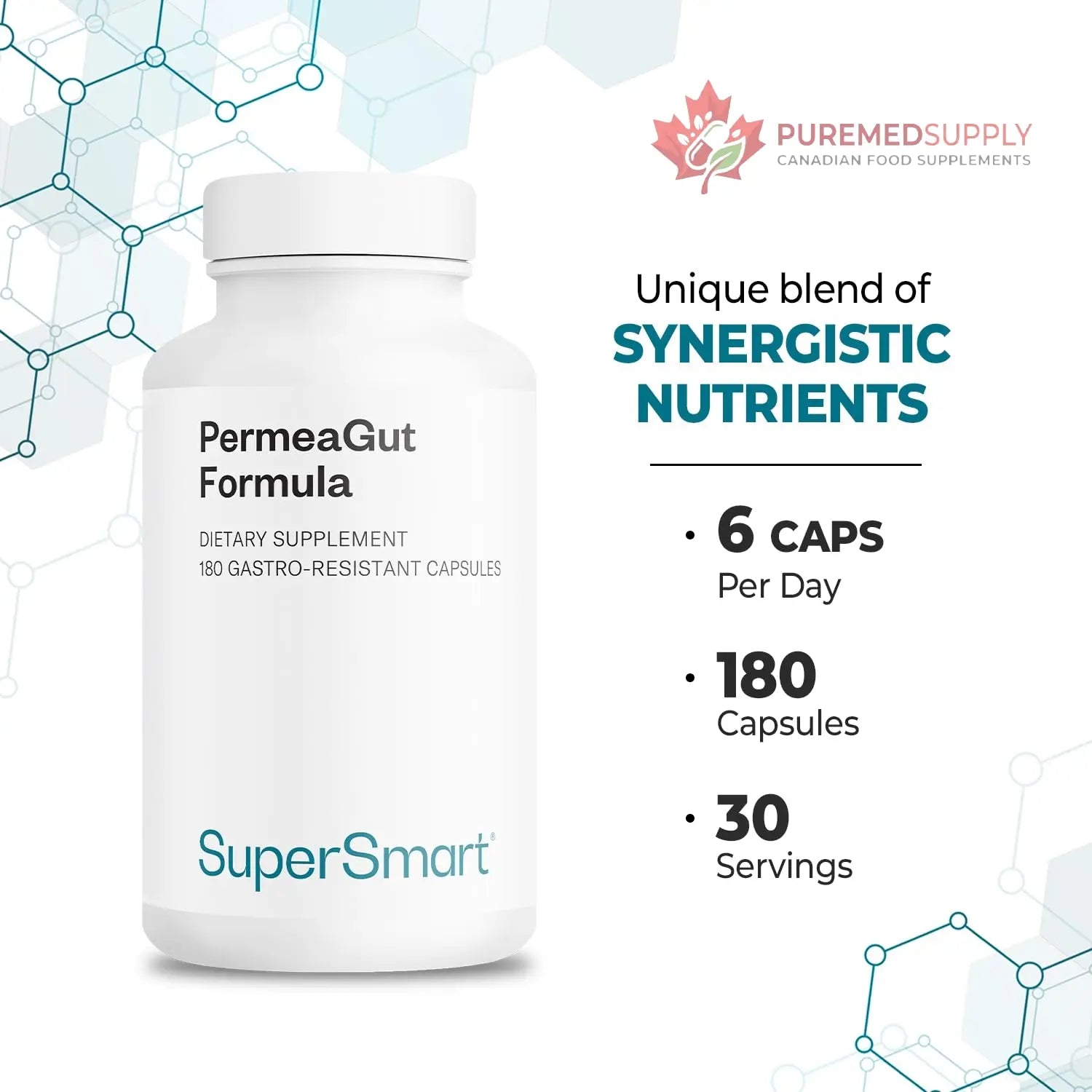 Supersmart PermeaGut Formula (High Potency) - with L-Glutamine, ButiShield Calcium Butyrate, Zinc-L-Carnosine - Gut Barrier Support | Vegan & Gluten Free - 180 Gastro-Resistant Capsules Supersmart buy supplements canada