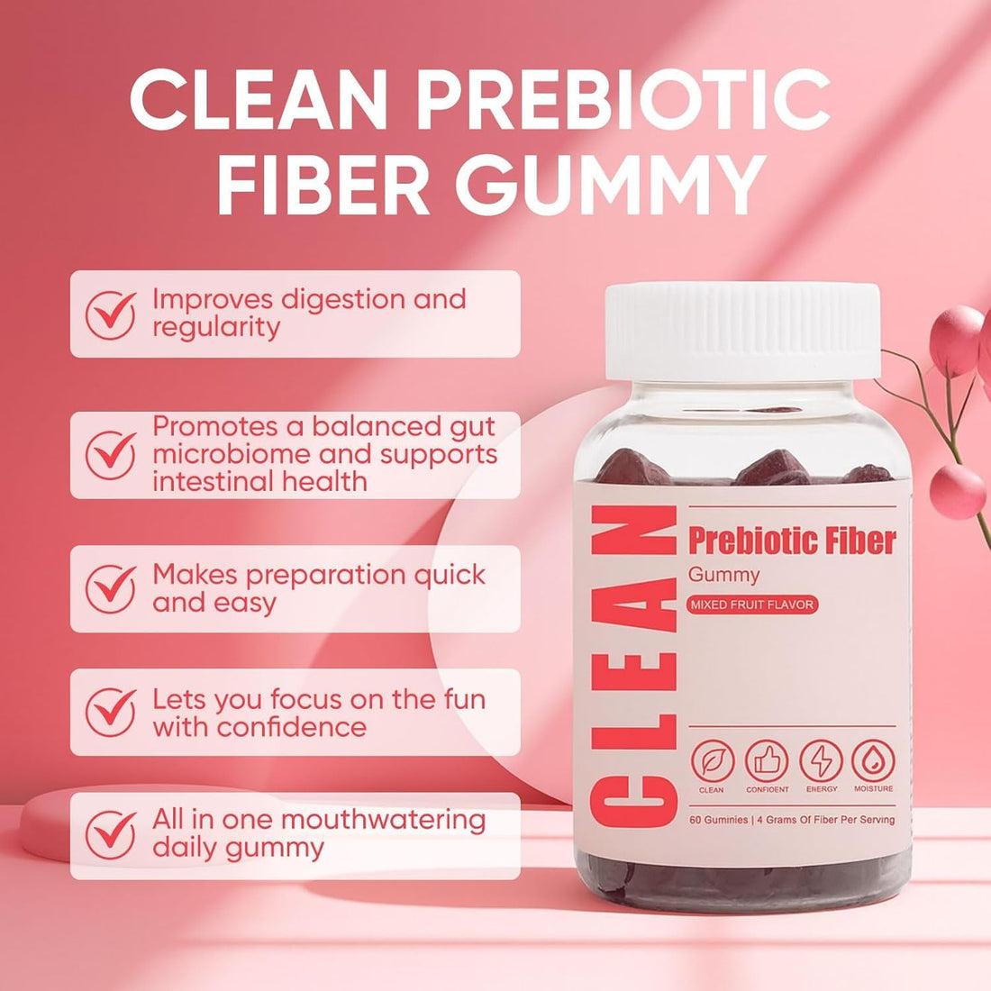 6525080 Clean Prebiotic Fiber Gummy, Clean Fiber Gummies for Men, Men Prebiotic Supplement for Digestive Gut Health, Non-GMO, 60 Gummies - OzHealthStandard