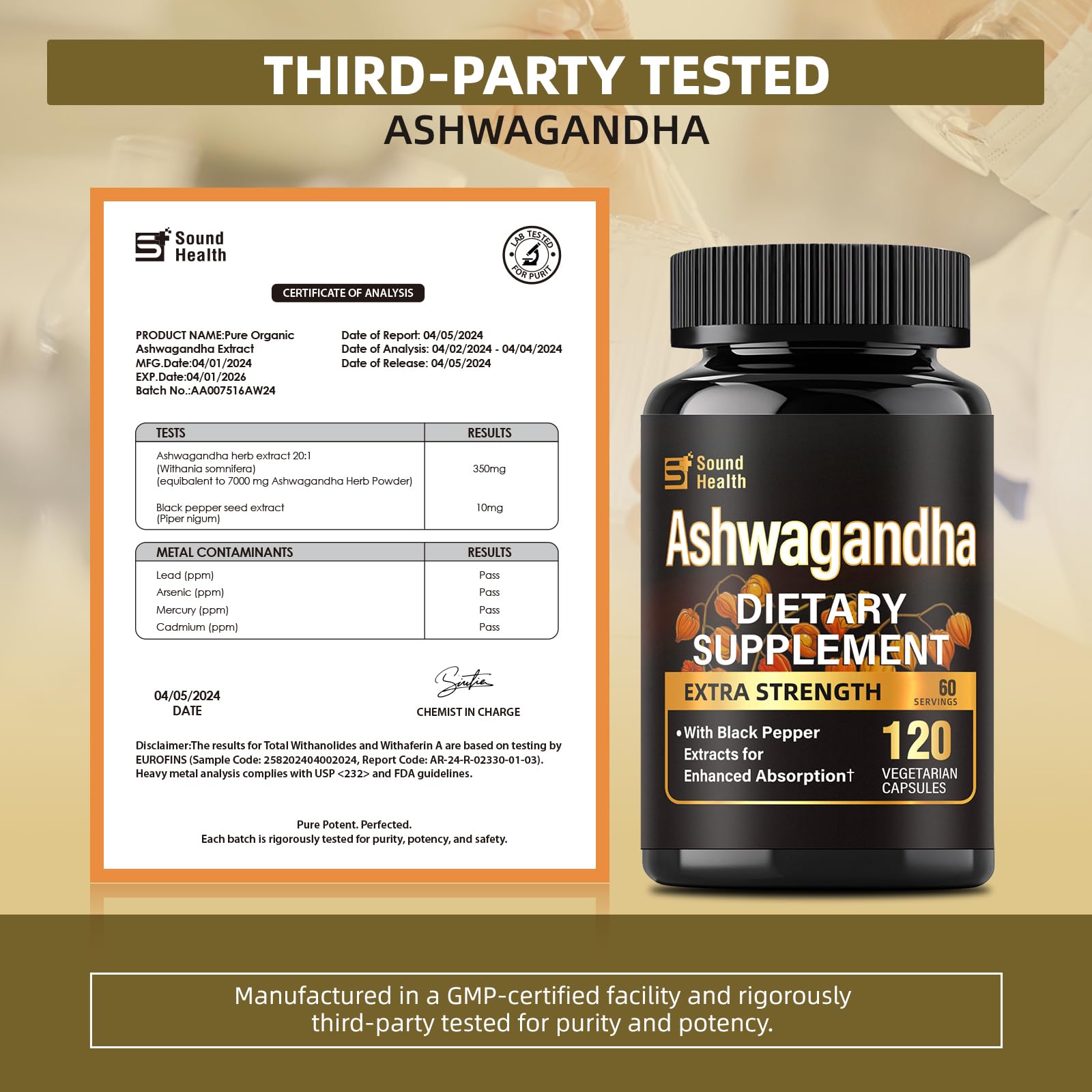 7000mg Ashwagandha Supplements Powder (20:1 Root Extract), 120 Organic Ashwagandha Capsules for Women & Men, Black Pepper & BioPerine for Absorption, Non GMO, Third-Party Tested, Gluten Free - OzHealthStandard