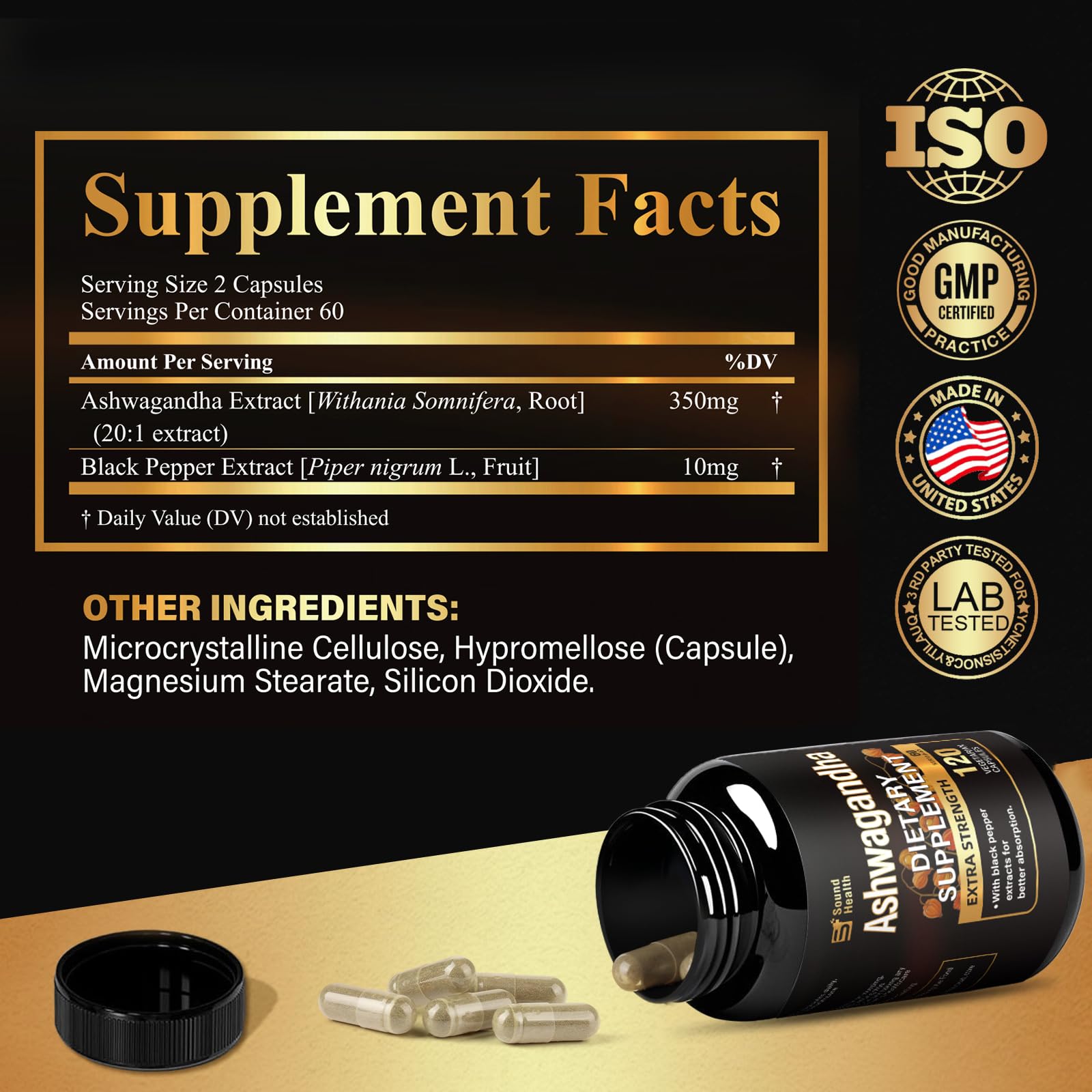 7000mg Ashwagandha Supplements Powder (20:1 Root Extract), 120 Organic Ashwagandha Capsules for Women & Men, Black Pepper & BioPerine for Absorption, Non GMO, Third-Party Tested, Gluten Free - OzHealthStandard