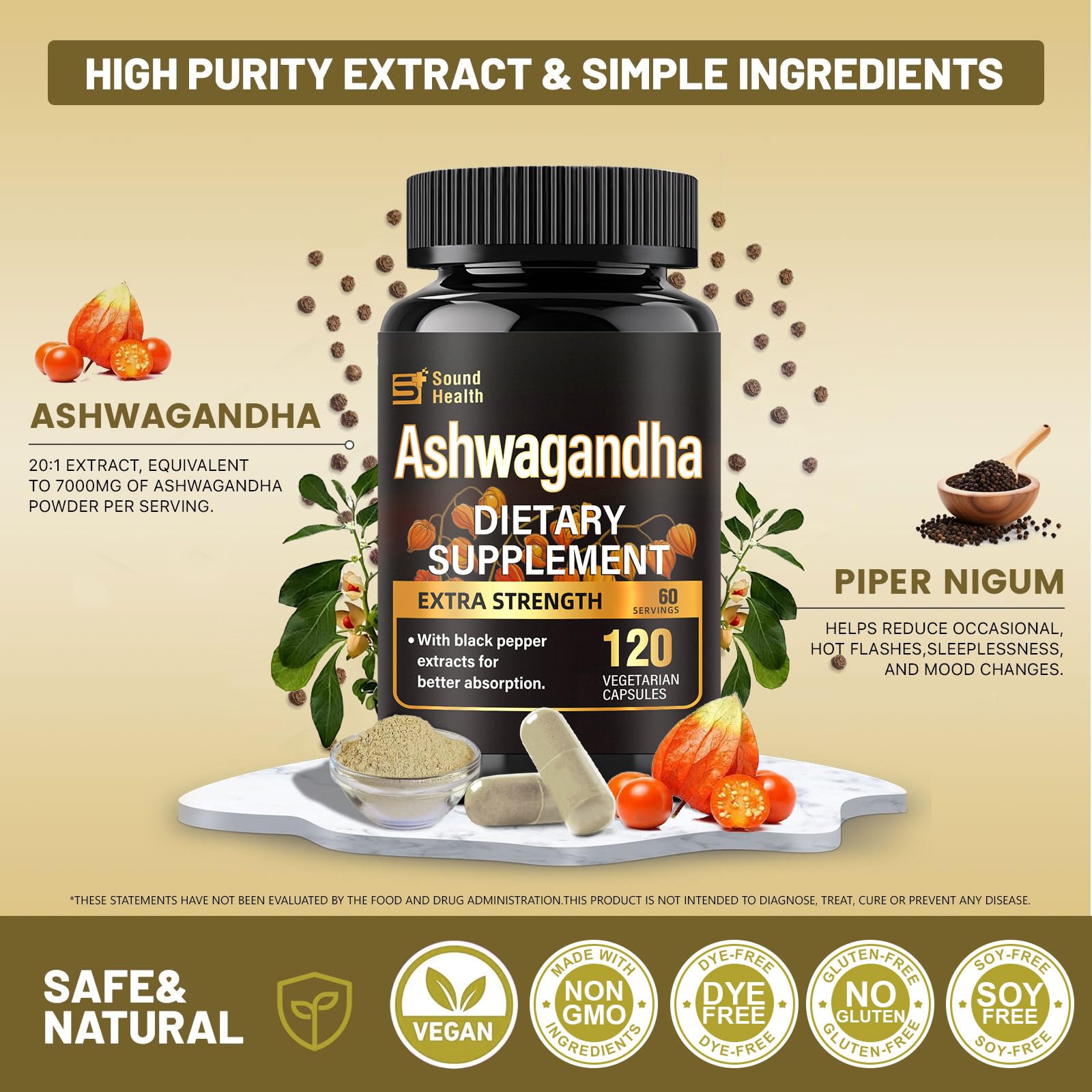 7000mg Ashwagandha Supplements Powder (20:1 Root Extract), 120 Organic Ashwagandha Capsules for Women & Men, Black Pepper & BioPerine for Absorption, Non GMO, Third-Party Tested, Gluten Free - OzHealthStandard