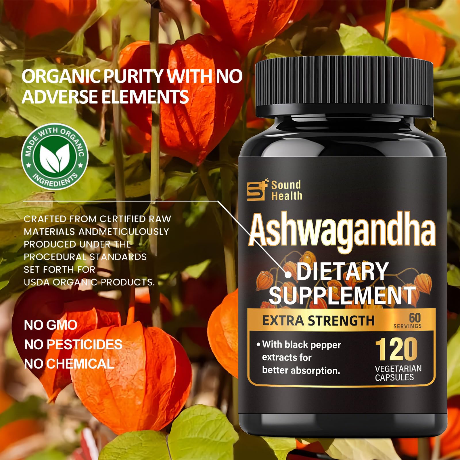 7000mg Ashwagandha Supplements Powder (20:1 Root Extract), 120 Organic Ashwagandha Capsules for Women & Men, Black Pepper & BioPerine for Absorption, Non GMO, Third-Party Tested, Gluten Free - OzHealthStandard