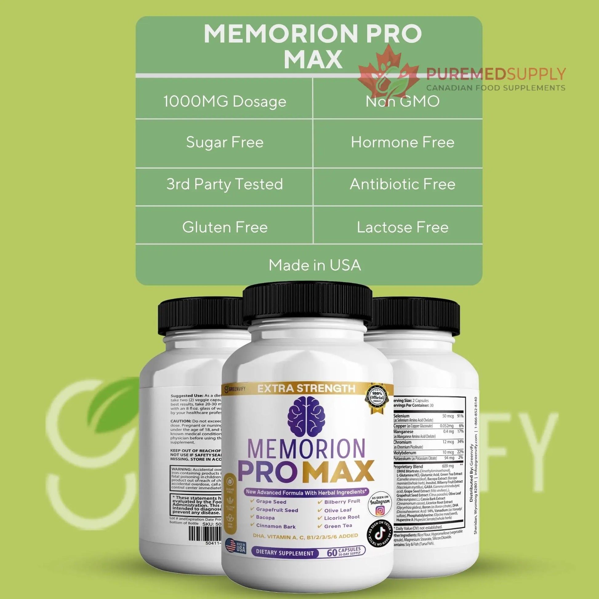 GREENVIFY Memorion Pro Max Extra Strength Brain Support Supplement, 60 Capsules, with DHA, Vitamins, Herbal Blend, 30-Day Supply (1) GREENVIFY buy supplements canada