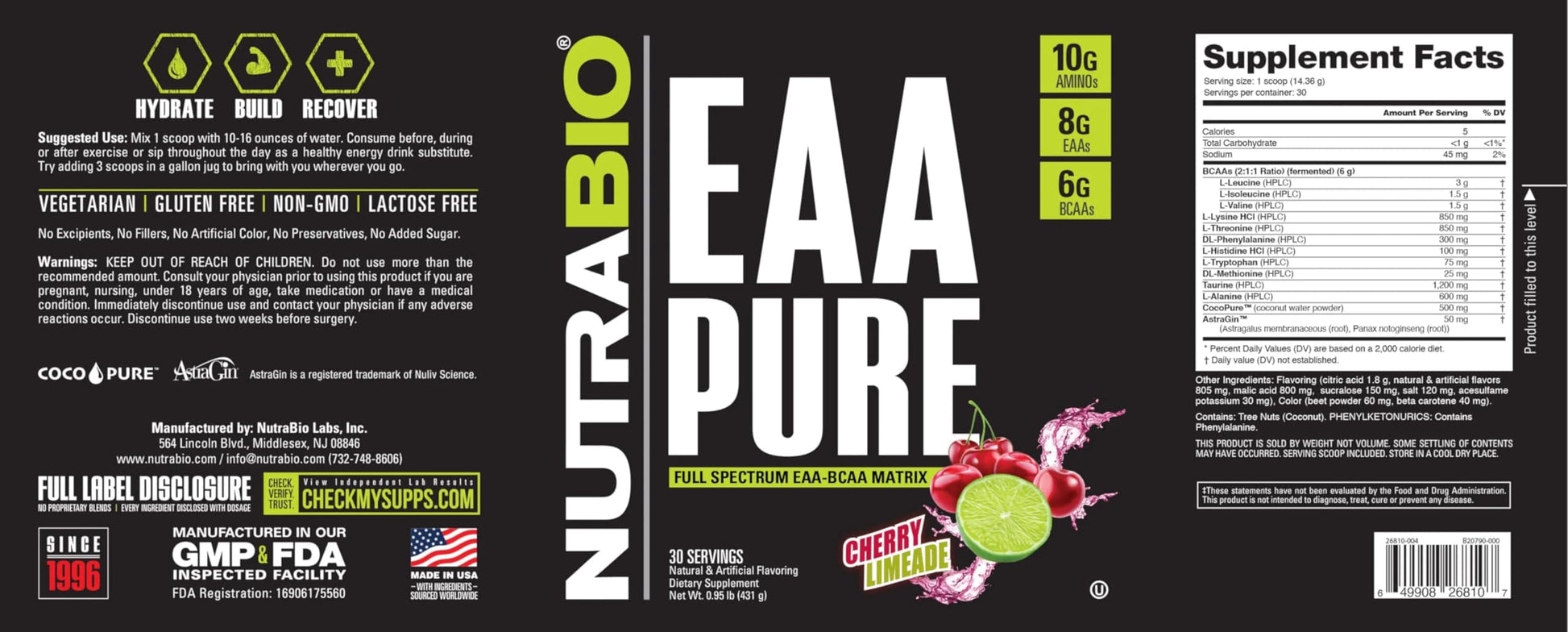 NutraBio – EAA Pure – 9 Amino Acids – Muscle Repair and Recovery, 30 Servings, Cherry Limeade – Pre or Post Workout – All Day Recovery NutraBio buy supplements canada