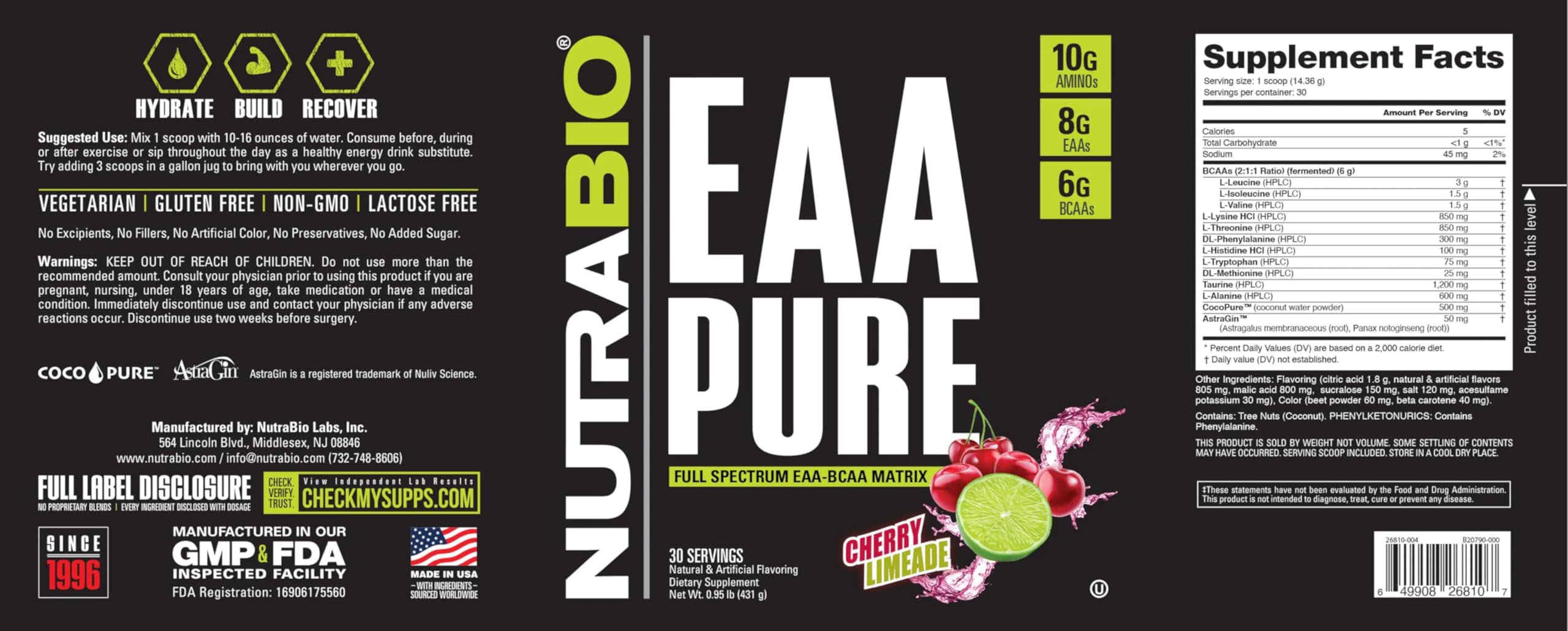 NutraBio – EAA Pure – 9 Amino Acids – Muscle Repair and Recovery, 30 Servings, Cherry Limeade – Pre or Post Workout – All Day Recovery NutraBio buy supplements canada