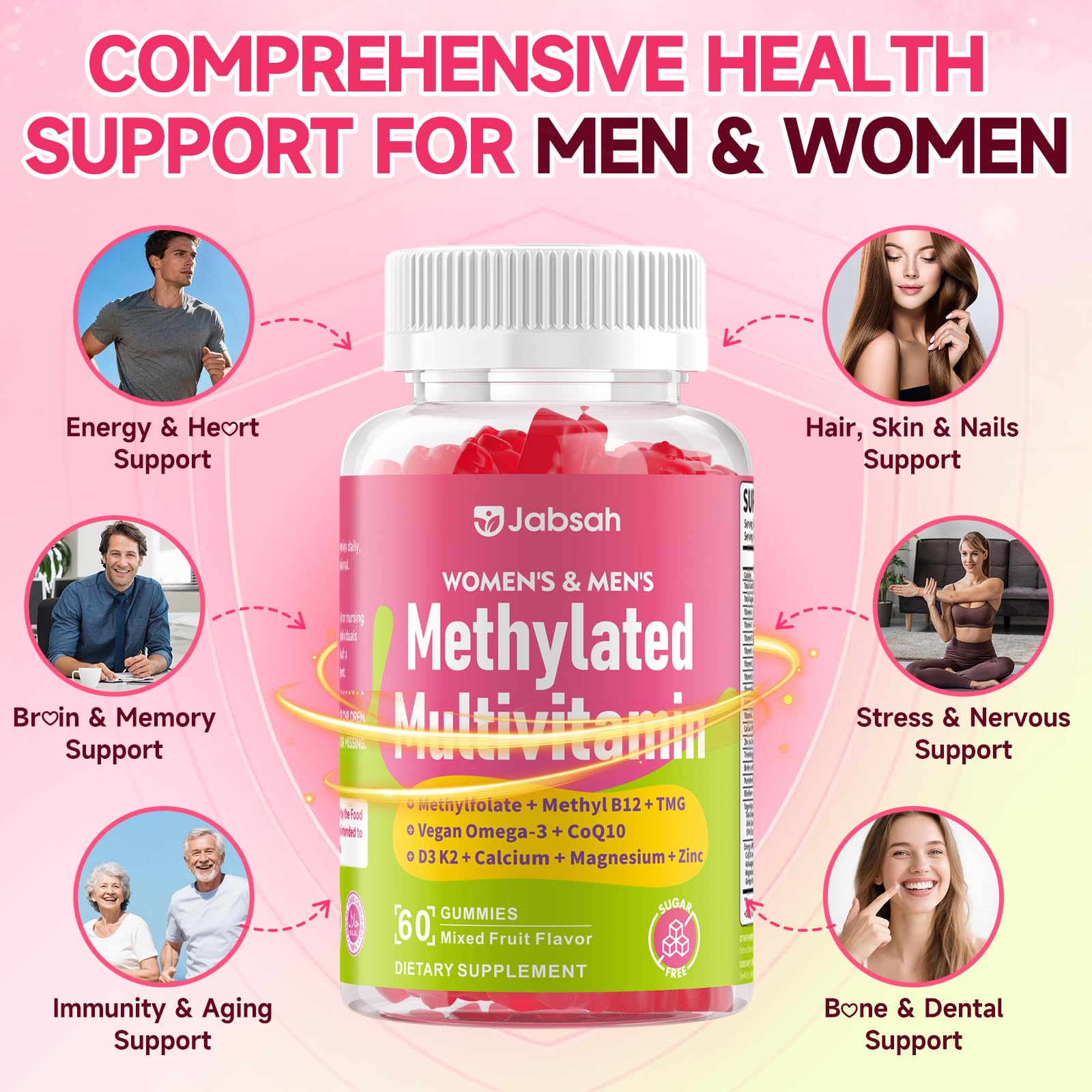 Methylated Vitamin B Complex Gummies for Women & Men, Multivitanins Gummy with Vitamin A, C ,E, Methylfolate & B12, TMG, Calcium, D3 K2 Jabsah buy supplements canada