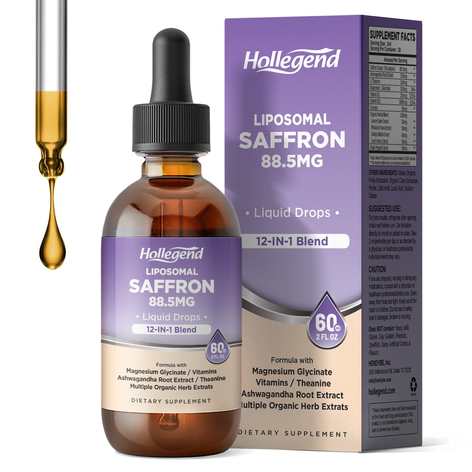 HOLLEGEND Liposomal Saffron Drops for Kids & Adults, Organic Saffron Supplement w/Magnesium, L-Theanine and Vitamins for Stress, Focus, Vision and Energy Support, Vegan, Natural Lemon Flavor, 2 FL OZ HOLLEGEND buy supplements canada