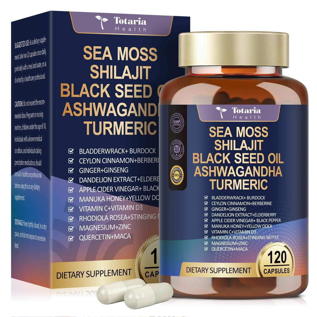 25-in-1 Sea Moss Black Seed Oil Ashwagandha Ginger Shilajit Supplement, Sea Moss Capsules Pro with Bladder Burdock Ceylon Cinnamon Berberine ACV Manuka VIT C & D3 for Men Women, 120 Vegan Caps Totaria buy supplements canada