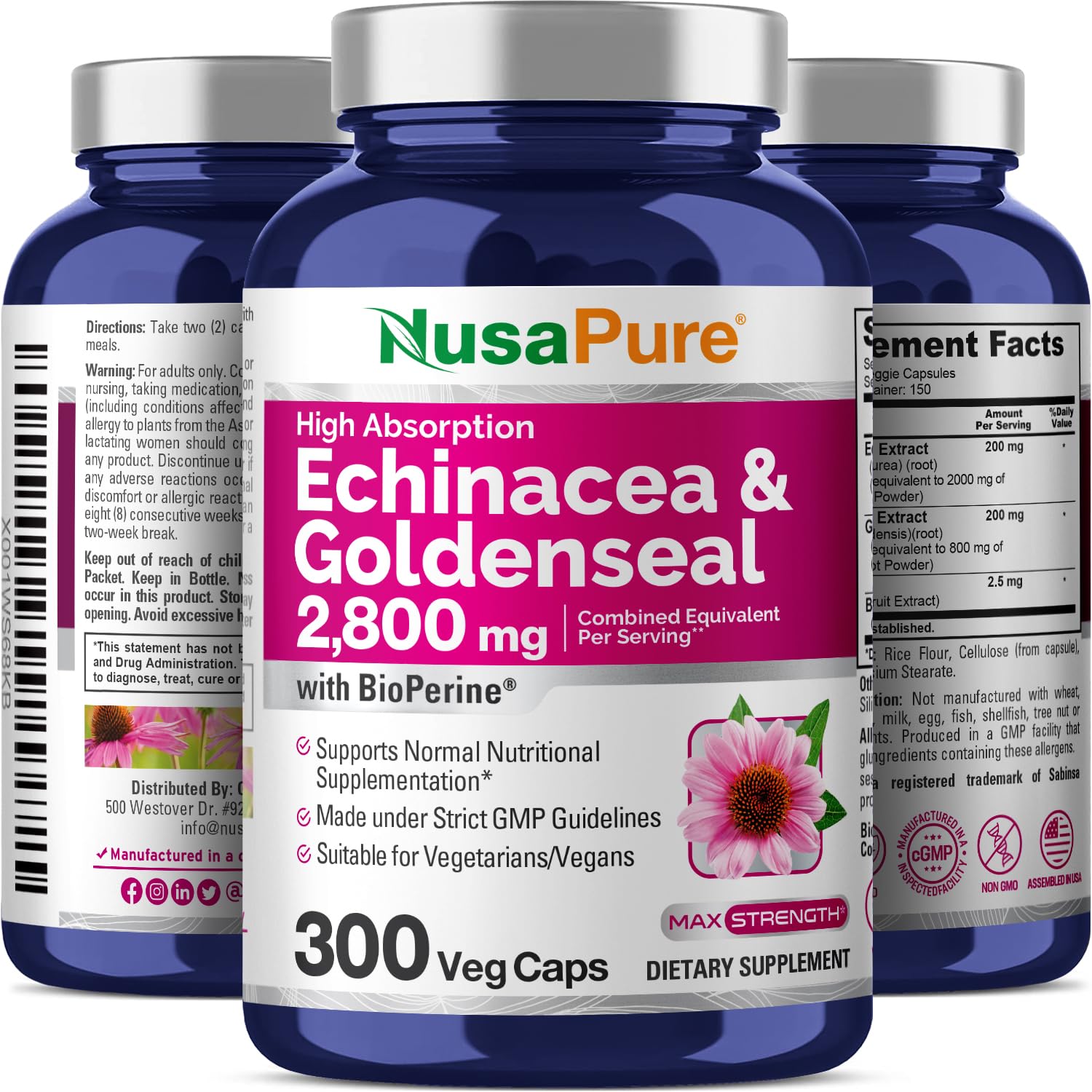 NusaPure Echinacea Goldenseal 200mg, (Extract 10:1, Equivalent to 2,000mg), 200mg, (Extract 4:1, Equivalent to 800mg) - 2800mg 300 Veggie Caps (Vegetarian, Non-GMO, Vegan) NusaPure buy supplements canada