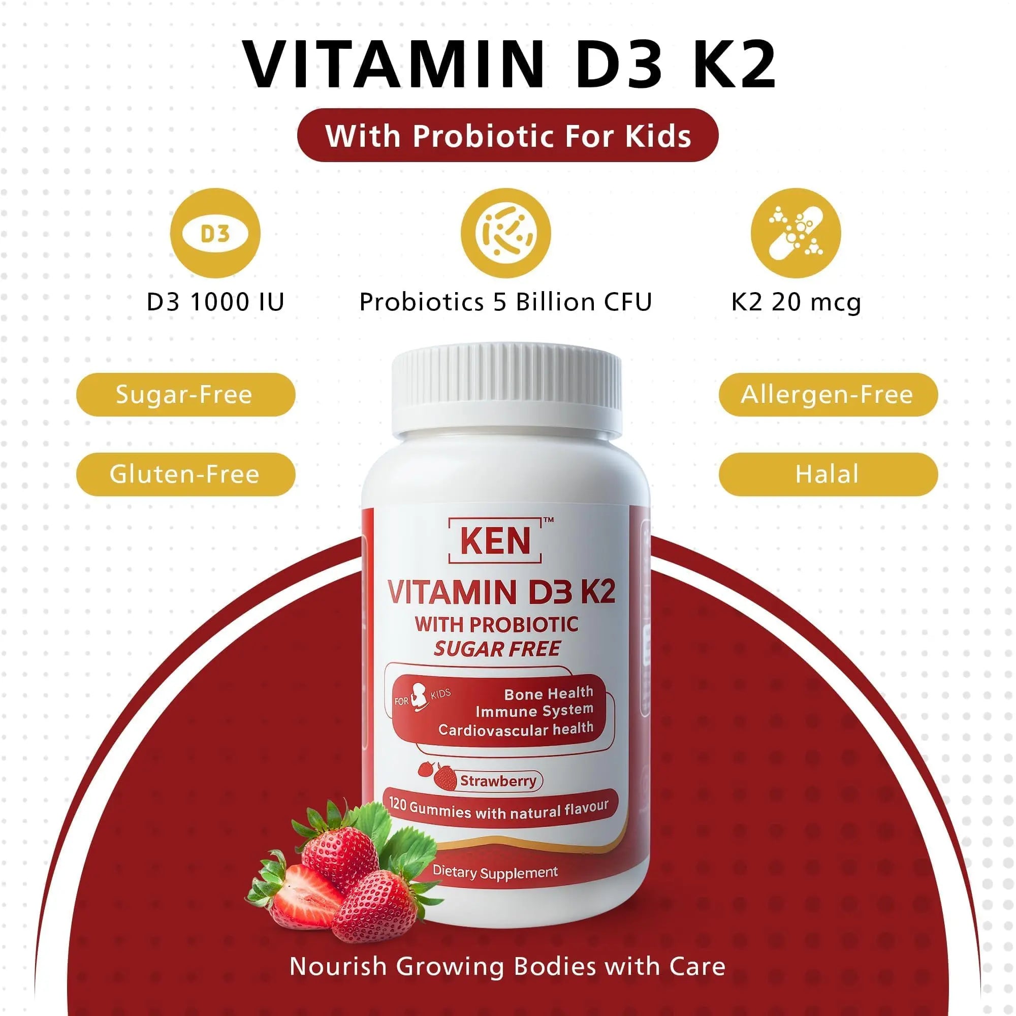 KEN Vitamin D3 K2 with Probiotic for Kids, Sugar-Free Gummies for Calcium Absorption, Bone Support, 5 Billion CFU Probiotics for Gut Balance and Immune Function KEN buy supplements canada