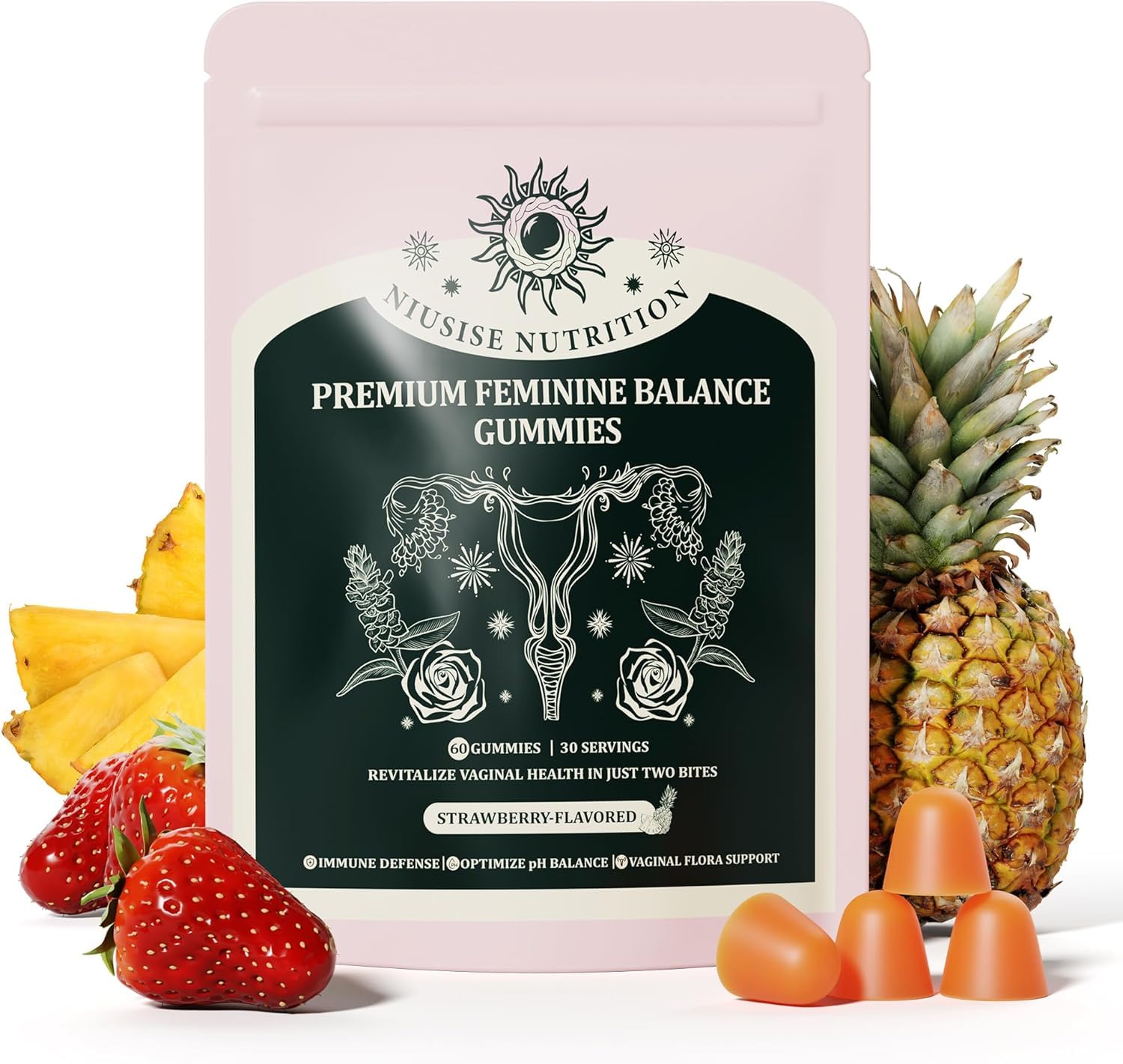 NIUSISE Feminine Balance Gummies, Premium Balance Supplement for Women PH Health, Immune Support, Vegan, Gluten-Free - Hawaiian Pineapple - 120 Gummies - 60 Servings 2 Pack. NIUSISE buy supplements canada