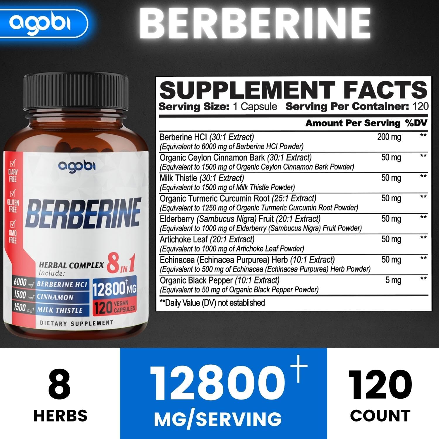 120 Capsules - Berberine Supplement 12800mg with Ceylon, Milk Thistle, Turmeric agobi buy supplements canada