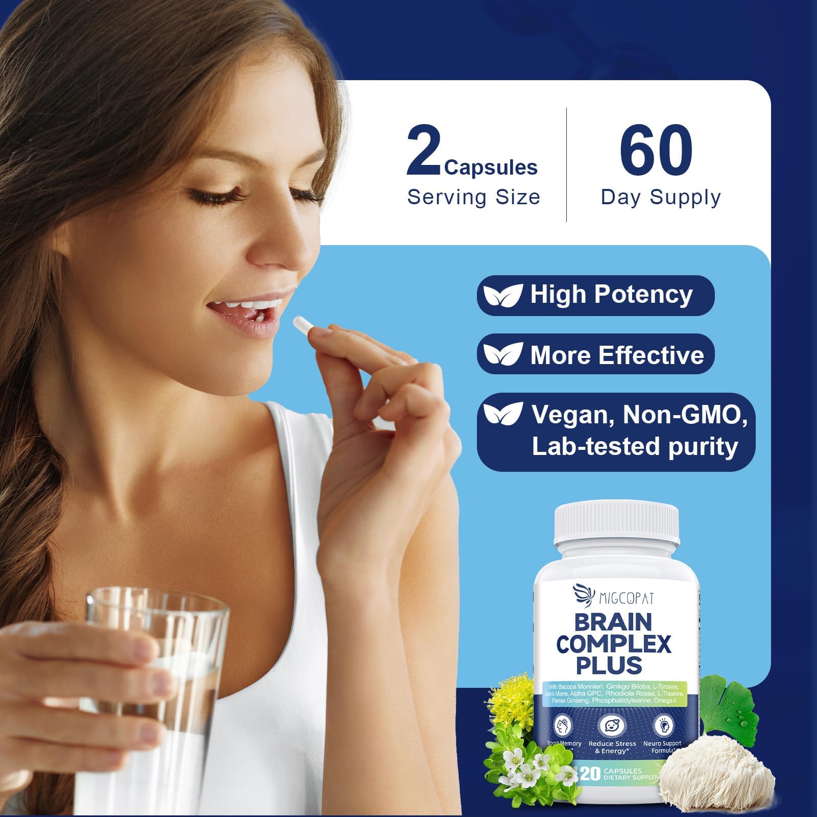 Brain Supplements for Memory and Focus | Nootropic with Bacopa Monnieri, Lion's Mane, Alpha GPC, Ginkgo Biloba | Mental Clarity & Cognitive Support | Vitamin B6 & B12 Neuro Health - Non-GMO, 120 Caps Migcopat buy supplements canada
