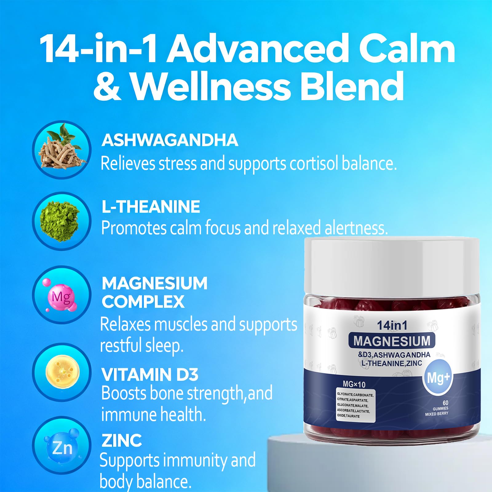 Magnesium Complex Gummies for Women & Men, Calm Magnesium Gummies for Women & Men, 14-in-1 with Ashwagandha, L-Theanine, Vitamin D3 & Zinc, 60 Count (1) UYPO buy supplements canada