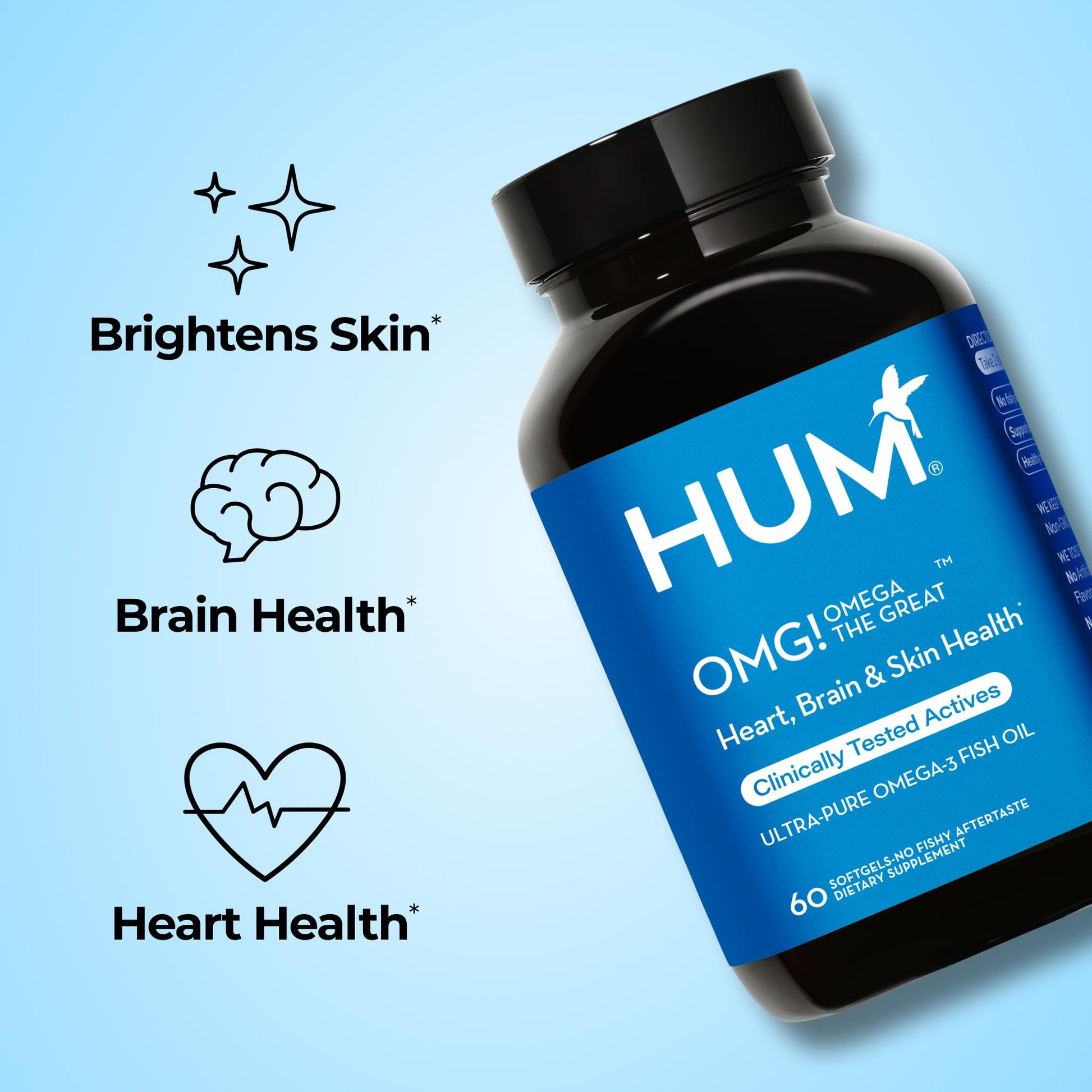 HUM OMG! Omega The Great Triple Omega 3 Fish Oil Supplement for Women & Men with Vitamin E, DHA & EPA, Skin Care & Skin Tone Support for Heart & Brain Health, Gluten Free, Non GMO, 60 Softgels HUM buy supplements canada