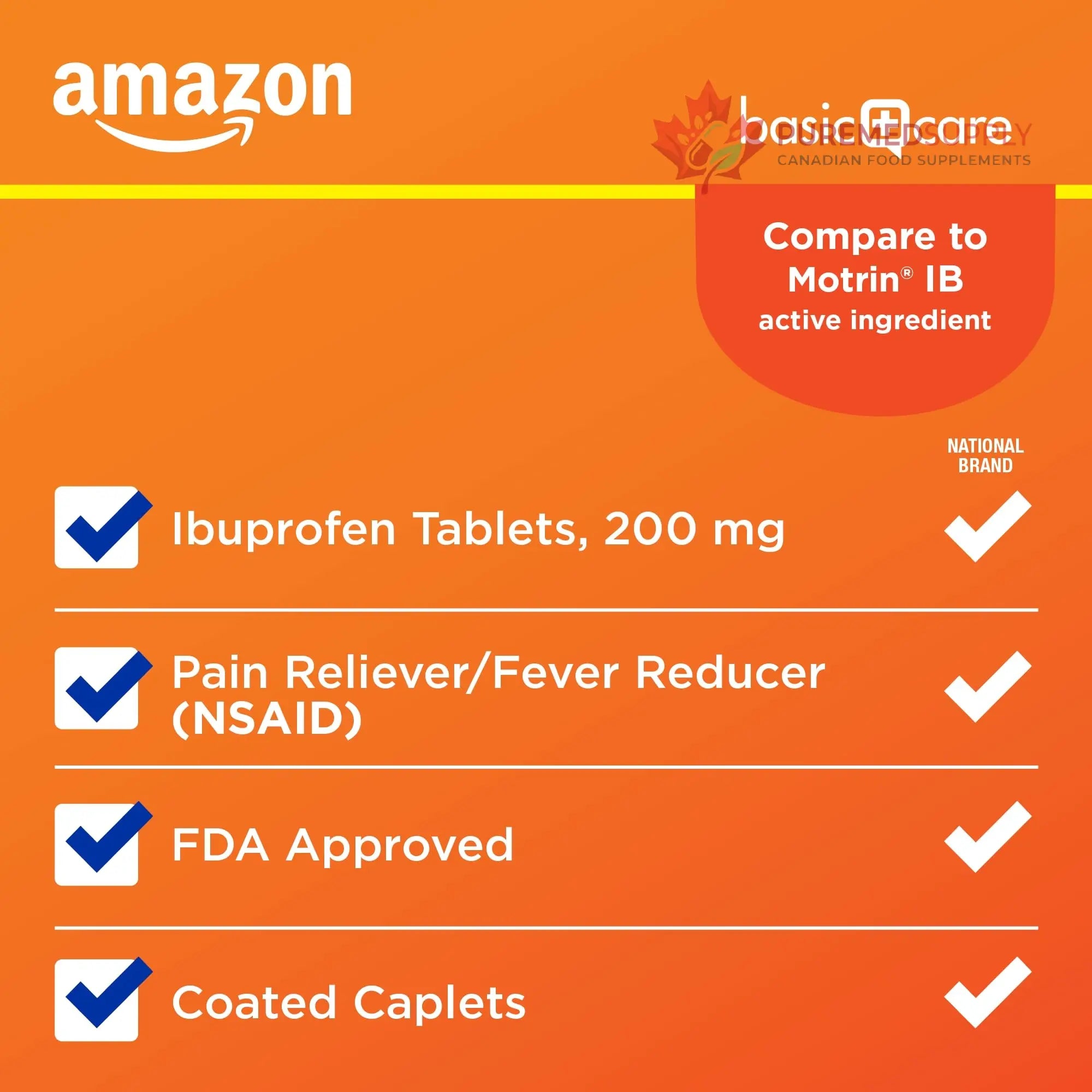 Amazon Basic Care Ibuprofen Tablets, 200 mg, Pain Reliever/Fever Reducer for Headache, Backache, Menstrual Pain and Body Aches, 100 Count Amazon Basic Care buy supplements canada