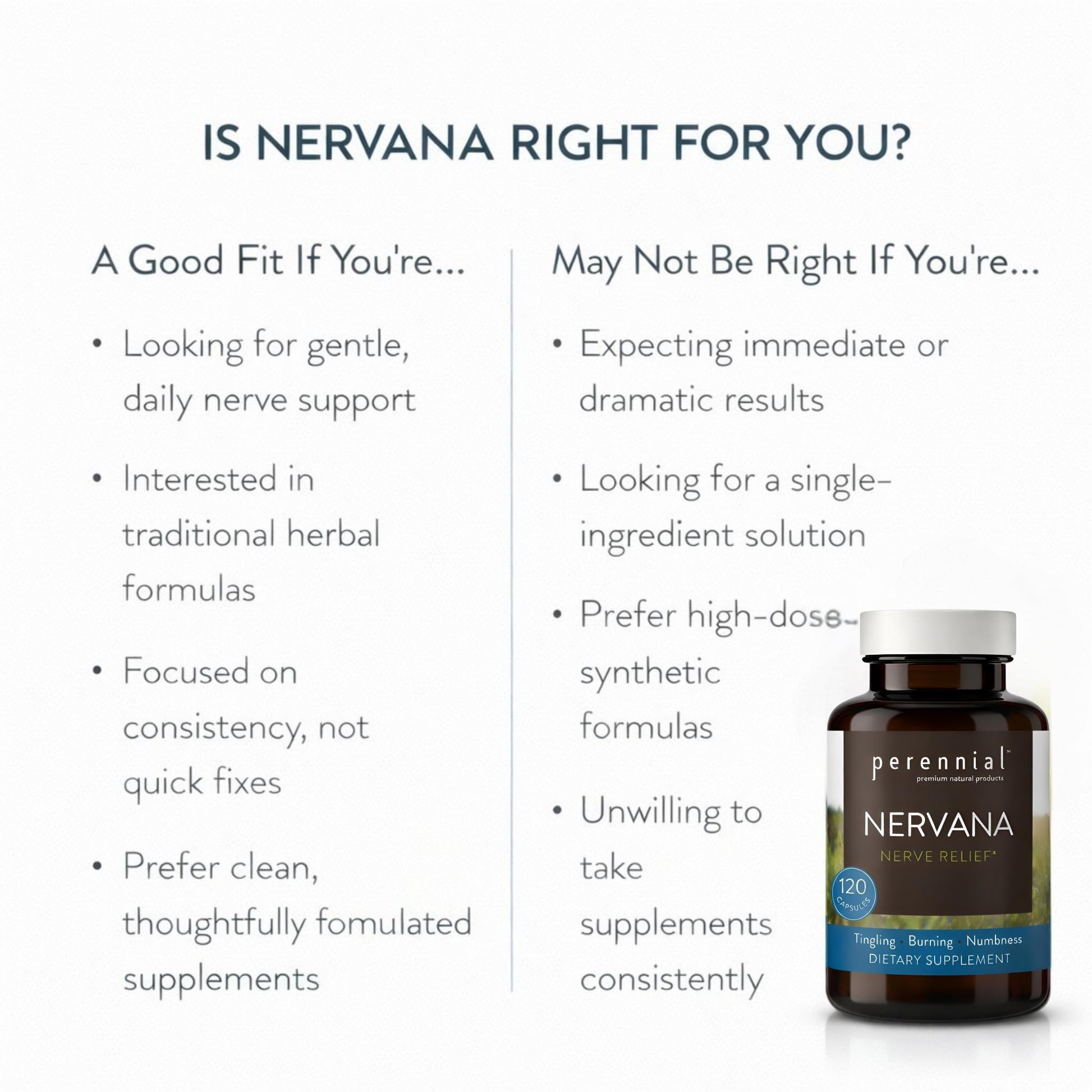 Perennial Nervana – Herbal Nerve Support for Tingling, Burning & Numbness Relief – Promotes Calm Focus & Stress Resilience – Non-Drowsy Mood Balance – 120ct* Perennial buy supplements canada