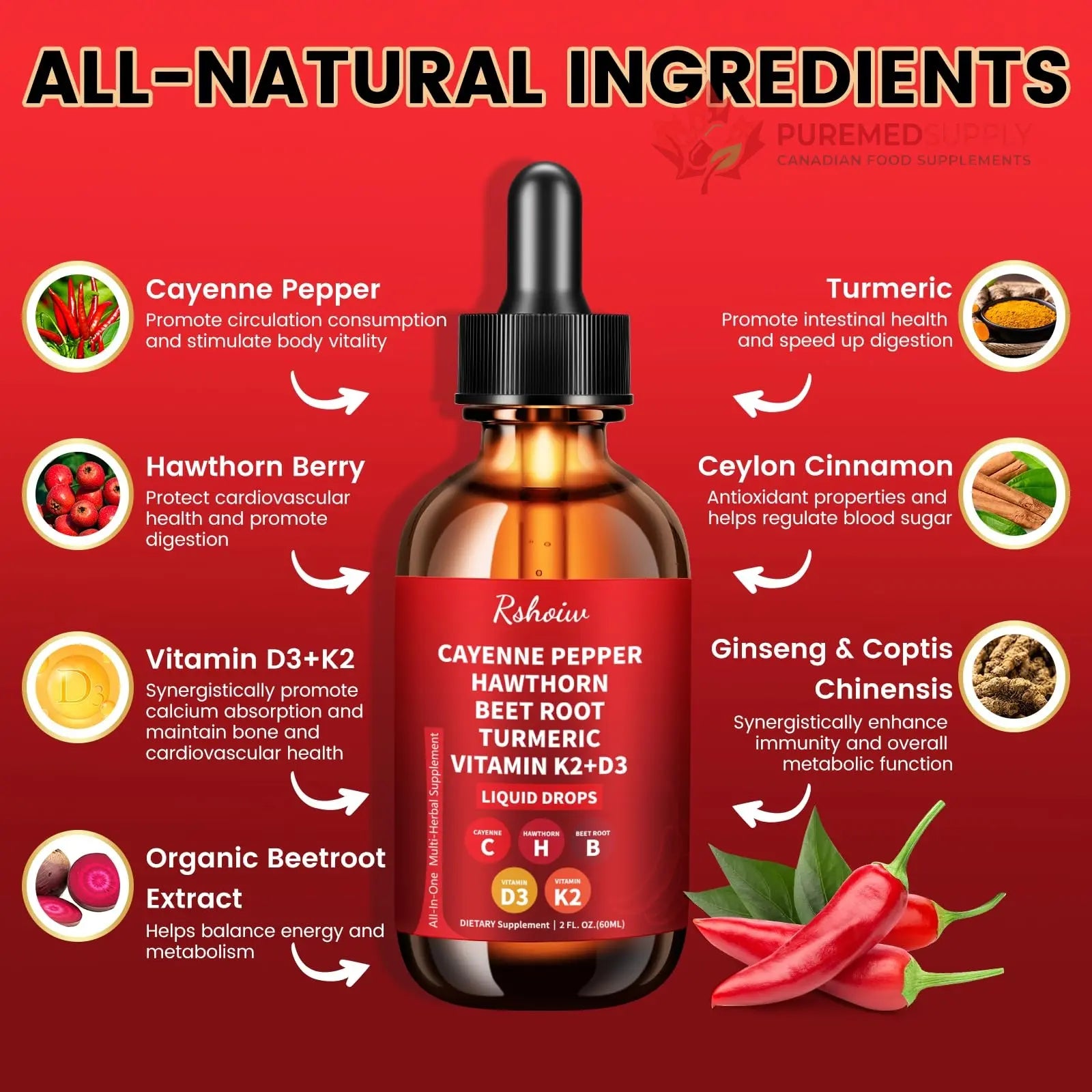 Cayenne Pepper Drops Supplement Liquid with Hawthorn Berry, Vitamin D3 K2, Turmeric Curcumin, Beet Root, Ceylon Cinnamon Vegan- Friendly - 60ml Rshoiw buy supplements canada