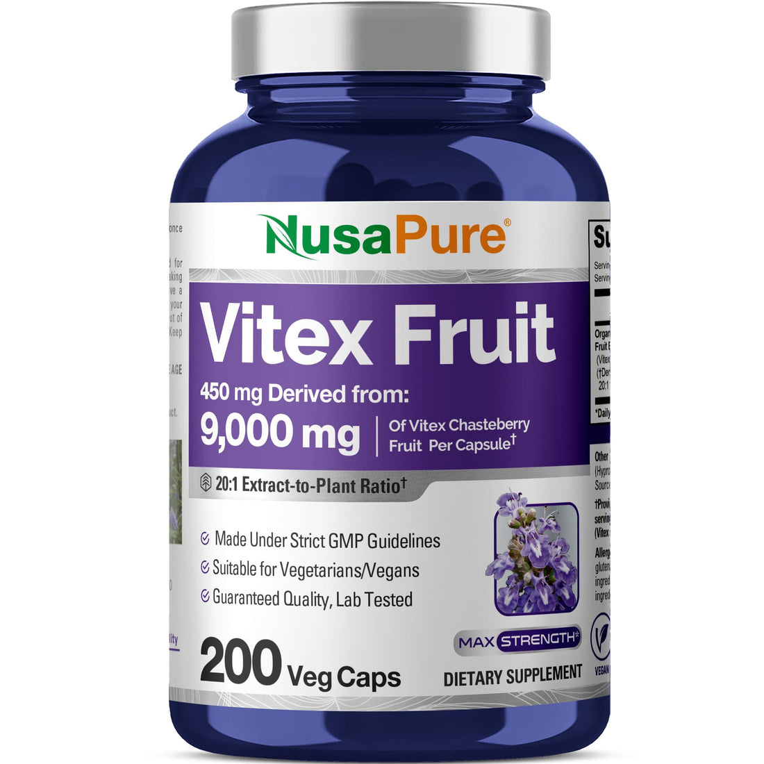NusaPure Vitex Chasteberry Fruit 20:1 Extract, 450 mg Equivalent to 9,000 mg 200 Vegan Capsules - Non-GMO, Vegan Dietary Supplement NusaPure buy supplements canada