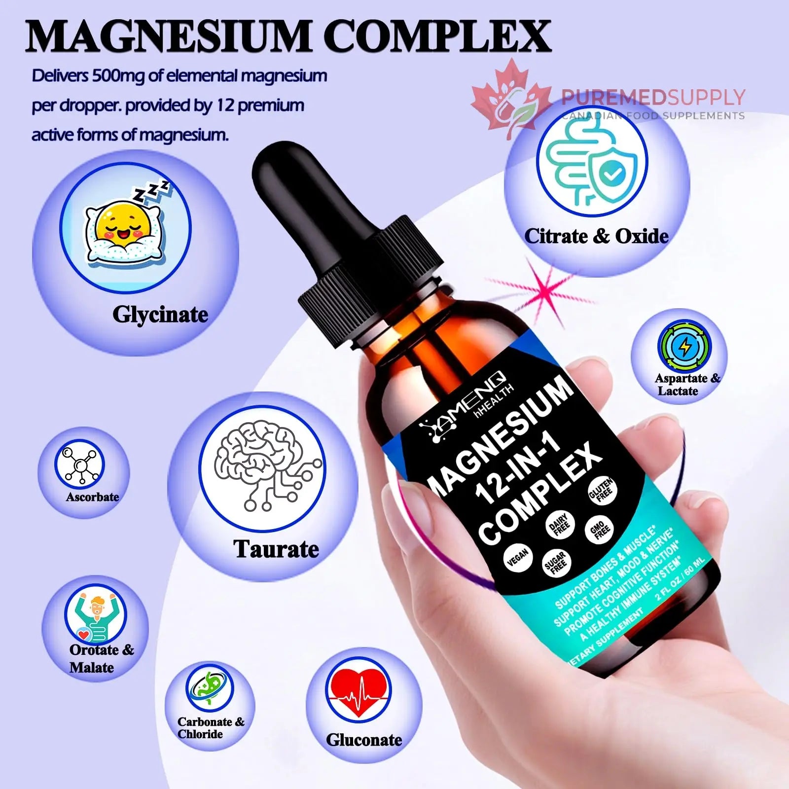 Magnesium 12 in 1 Complex Liquid Drops Magnesium Supplement w. Glycinate Citrate Malate Taurate Oxide Aspartate Orotate, Calm Magnesium for Sleep Muscle Heart Support丨Max Absorption Liquid Formula AMENQ hHEALTH buy supplements canada