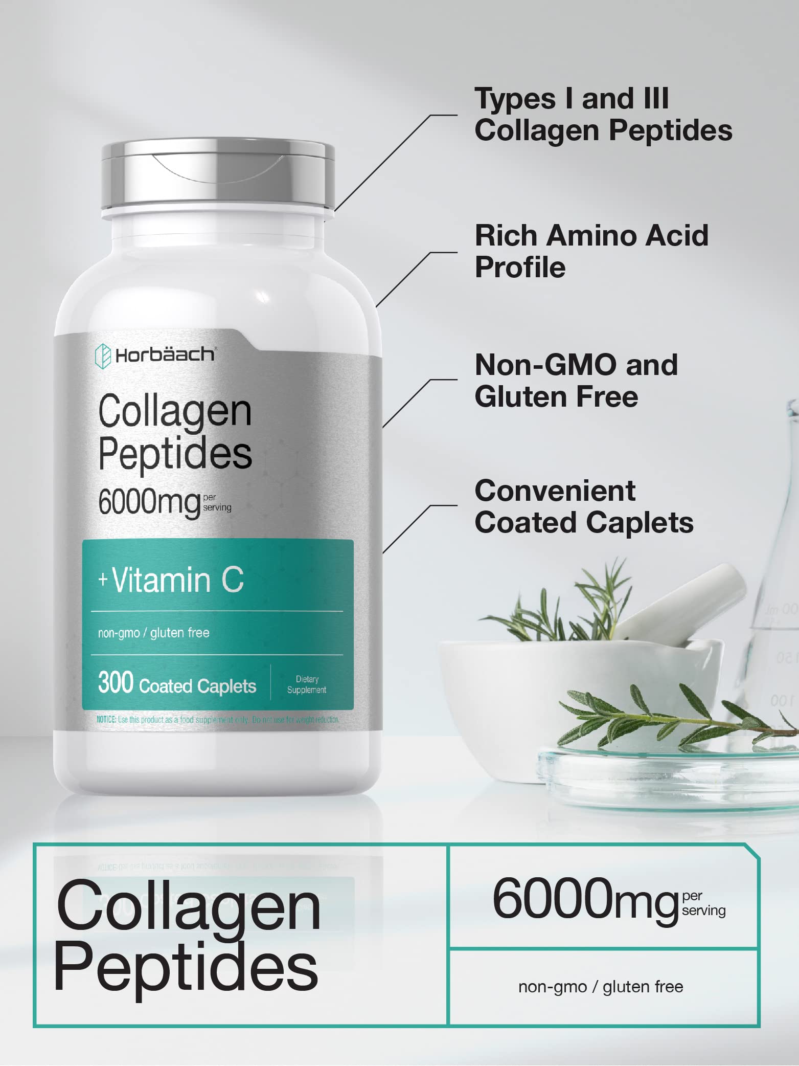 Horbäach Collagen Peptides 6000mg | 300 Caplet Pills | with Vitamin C | Hydrolyzed Collagen Supplement | Non-GMO, Gluten Free Horbäach buy supplements canada