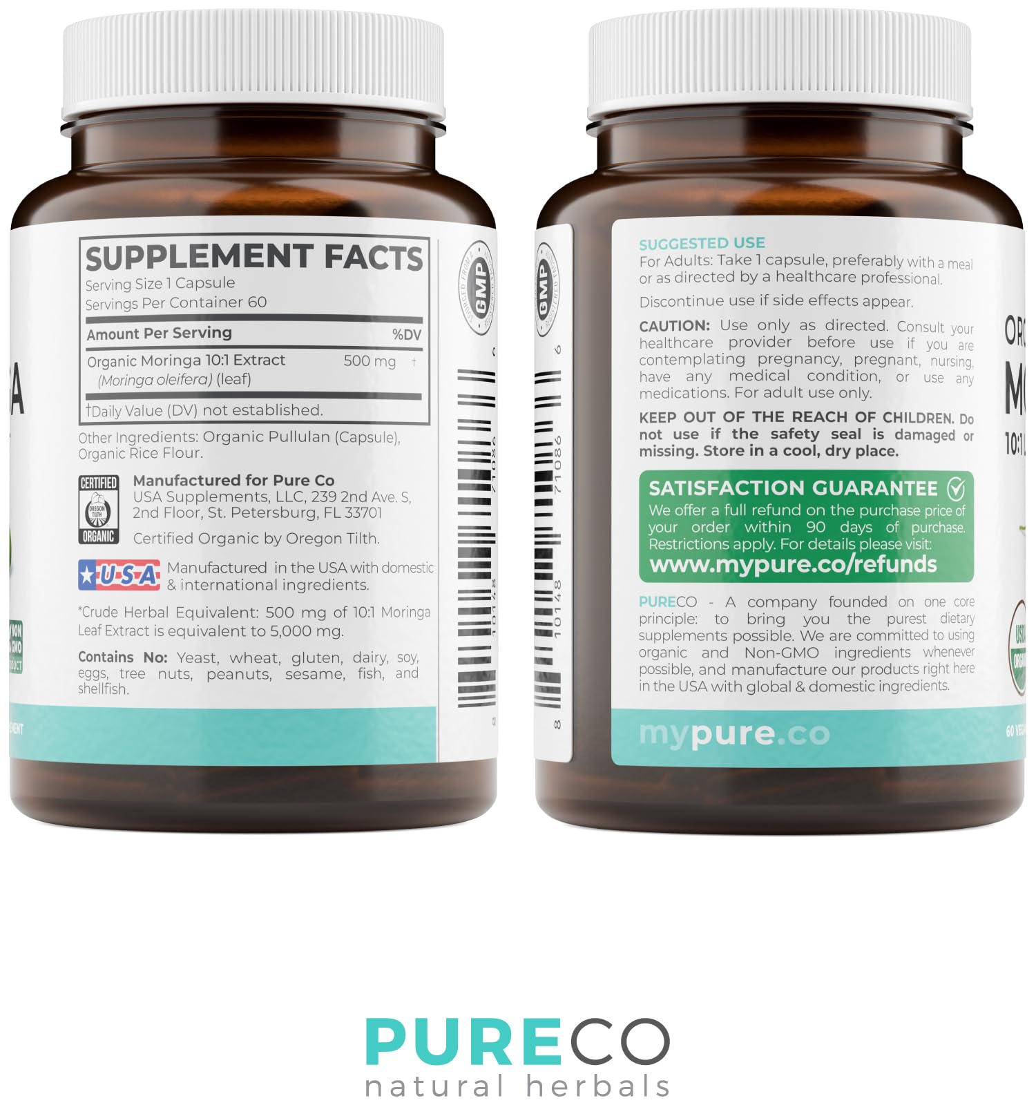 USDA Organic Moringa Capsules - High Potency Organic Moringa 500mg Extract 10:1 Per 1 Capsule Serving - Nutrient Dense Green Superfood Antioxidant PURE CO buy supplements canada