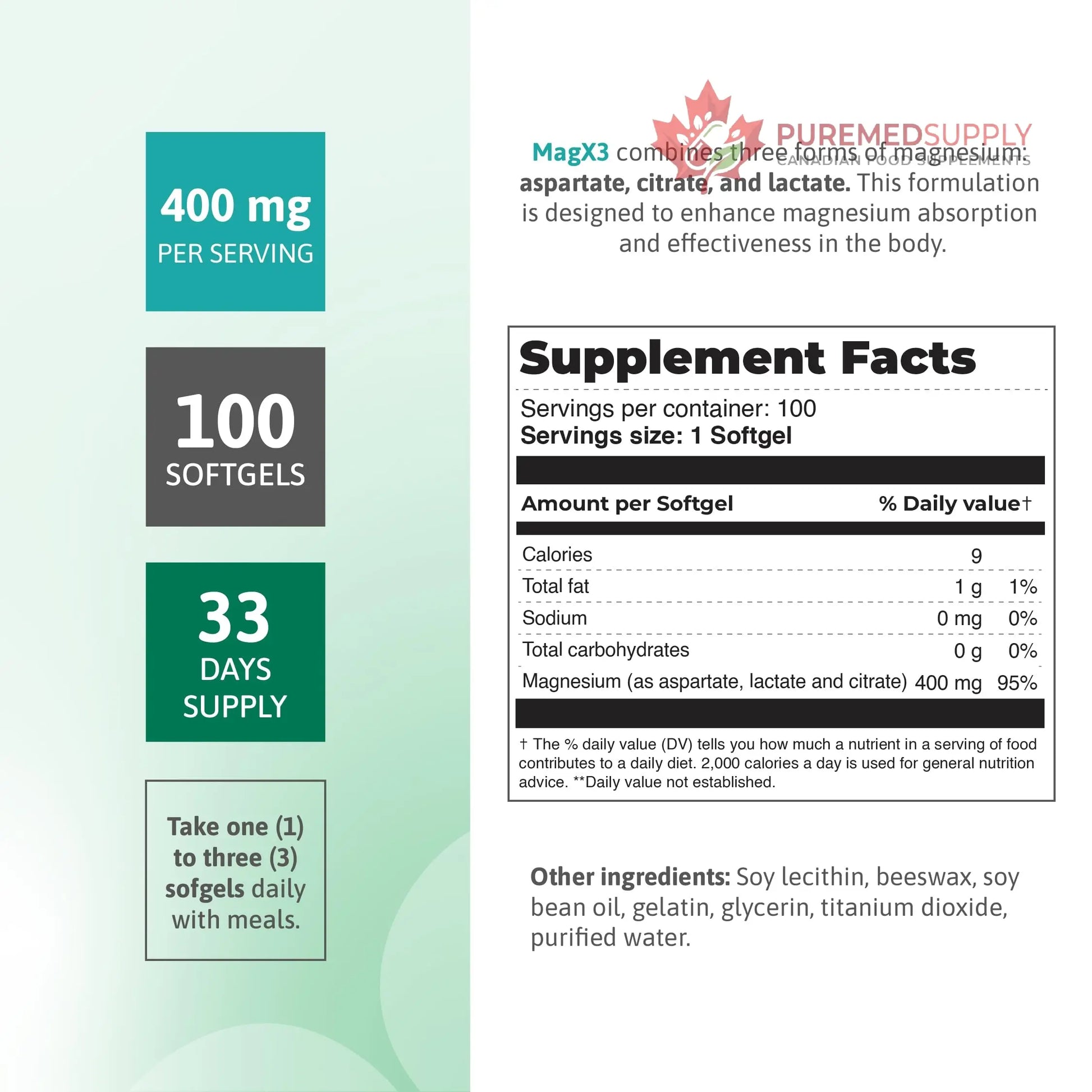 Magnesium Citrate Complex 400 mg – Triple Magnesium with Citrate, Aspartate & Lactate – High Absorption – 100 Softgels Nutra Nutrition buy supplements canada