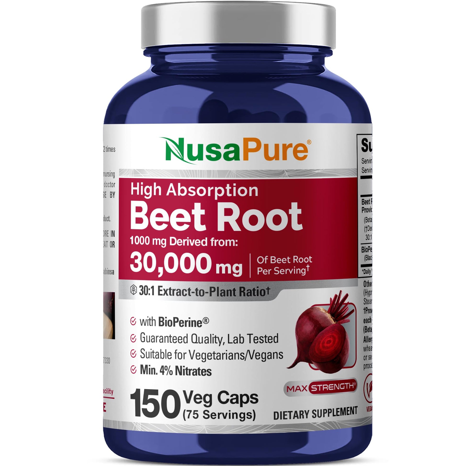 NusaPure Beet Root 30:1 Extract, 1000 mg Equivalent to 30,000 mg 150 Veggie caps (Vegan, Non-GMO & Vegan 4% Nitrates) Bioperine NusaPure buy supplements canada