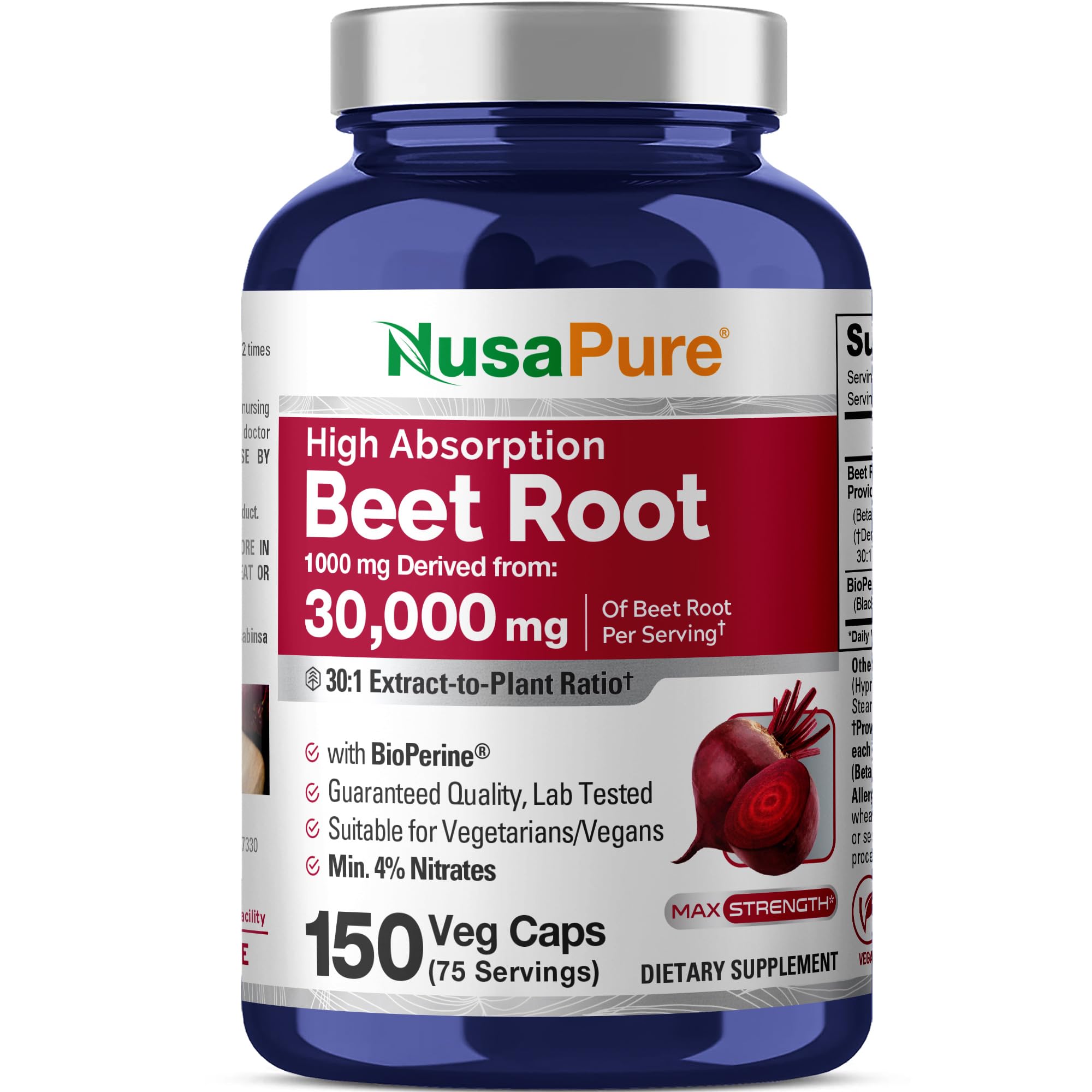 NusaPure Beet Root 30:1 Extract, 1000 mg Equivalent to 30,000 mg 150 Veggie caps (Vegan, Non-GMO & Vegan 4% Nitrates) Bioperine NusaPure buy supplements canada
