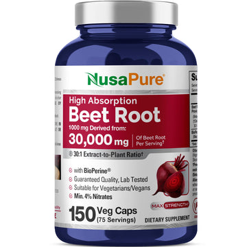 NusaPure Beet Root 30:1 Extract, 1000 mg Equivalent to 30,000 mg 150 Veggie caps (Vegan, Non-GMO & Vegan 4% Nitrates) Bioperine NusaPure buy supplements canada