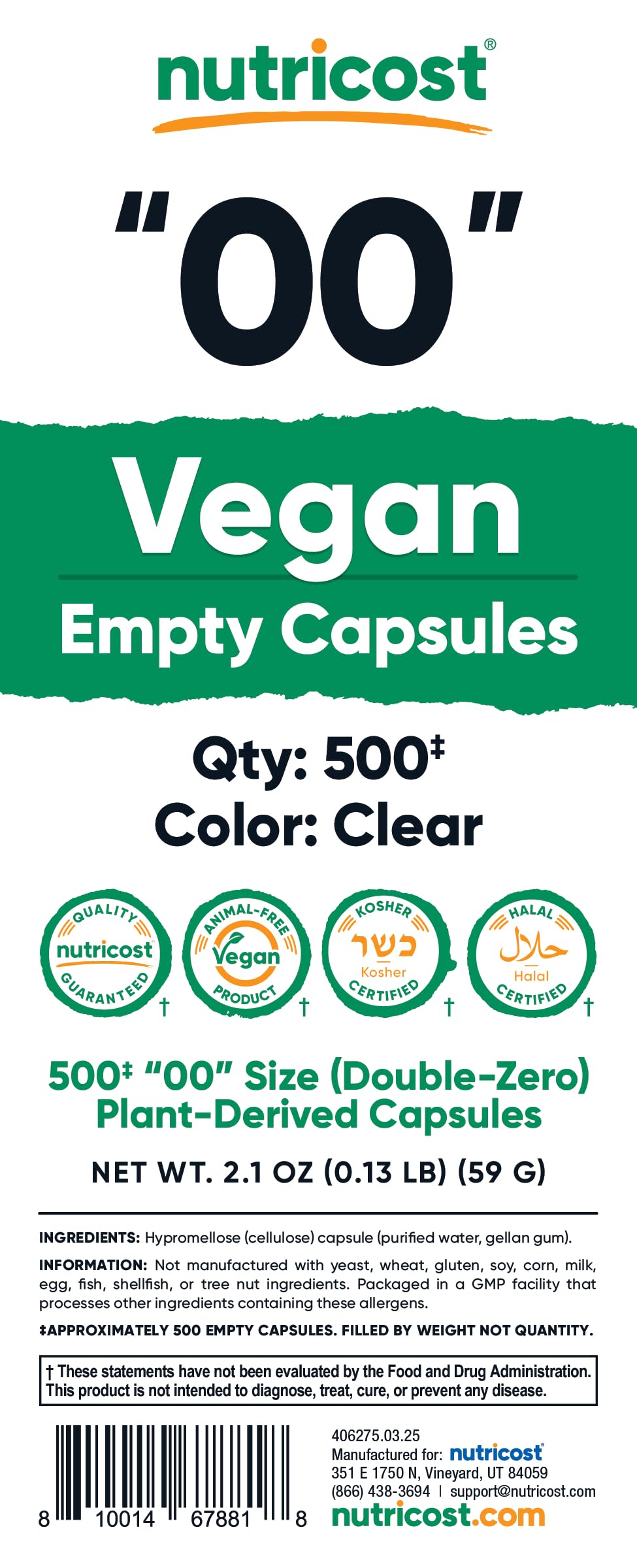Nutricost Empty Capsules Size 00 Vegan - 500 Clear Empty Plant-Based Capsules - Kosher Certified, Halal Certified, Non-GMO, Soy Free, Gluten Free, Vegetarian Nutricost buy supplements canada