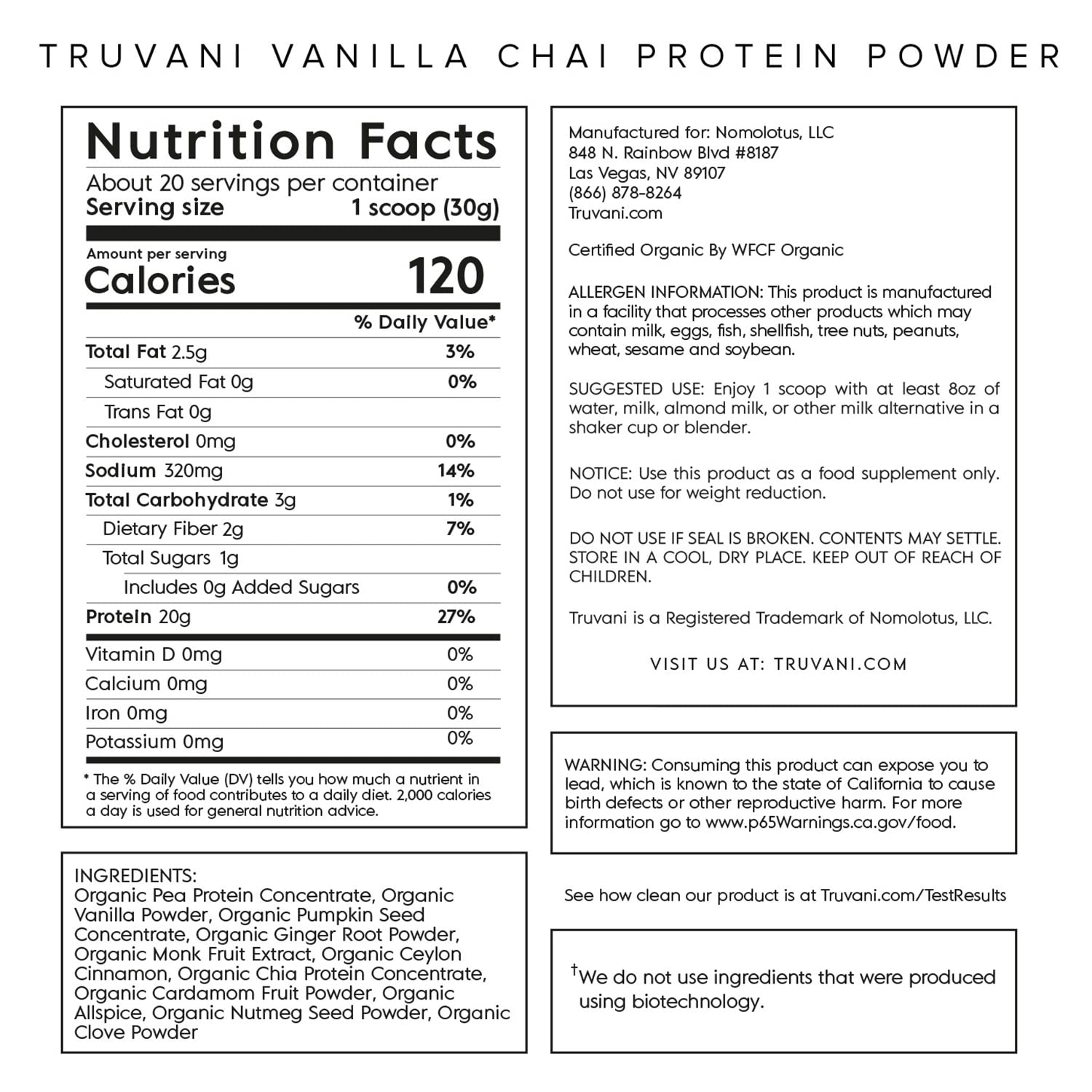 Truvani Organic Vegan Protein Powder Vanilla Chai - 20g of Plant Based Protein, Organic Truvani buy supplements canada