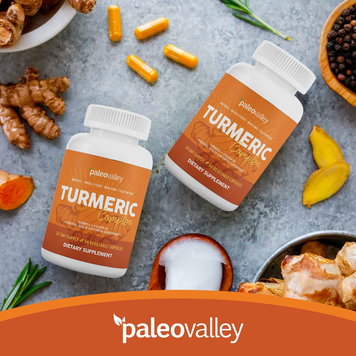 Paleovalley - Organic Turmeric Complex - Full Spectrum Organic Turmeric with Health-Supportive Superfoods - 56 Vegetarian Capsules - Support Joints, Immunity, Brain and Heart Health Paleovalley buy supplements canada