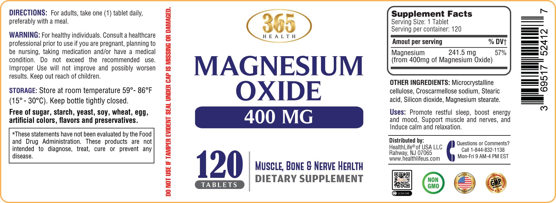 Magnesium 400mg [High Potency] Supplement – Magnesium Oxide for Immune Support, Muscle Recovery, Leg Cramps and Relaxation 120 Tablets-USA Made HEALTH LFE buy supplements canada
