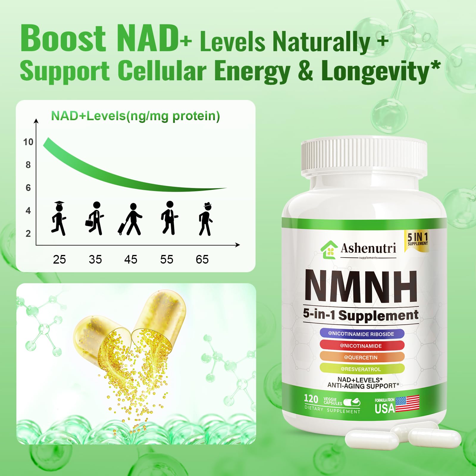 NMNH (Dihydronicotinamide Mononucleotide), NMN Alternative Supplement w/Niacinamide (Vitamin B3), Quercetin, Trans-Resveratrol, Support NAD+, Skin Cell Health*, Anti-Aging & Energy, 120 Caps Ashenutri buy supplements canada