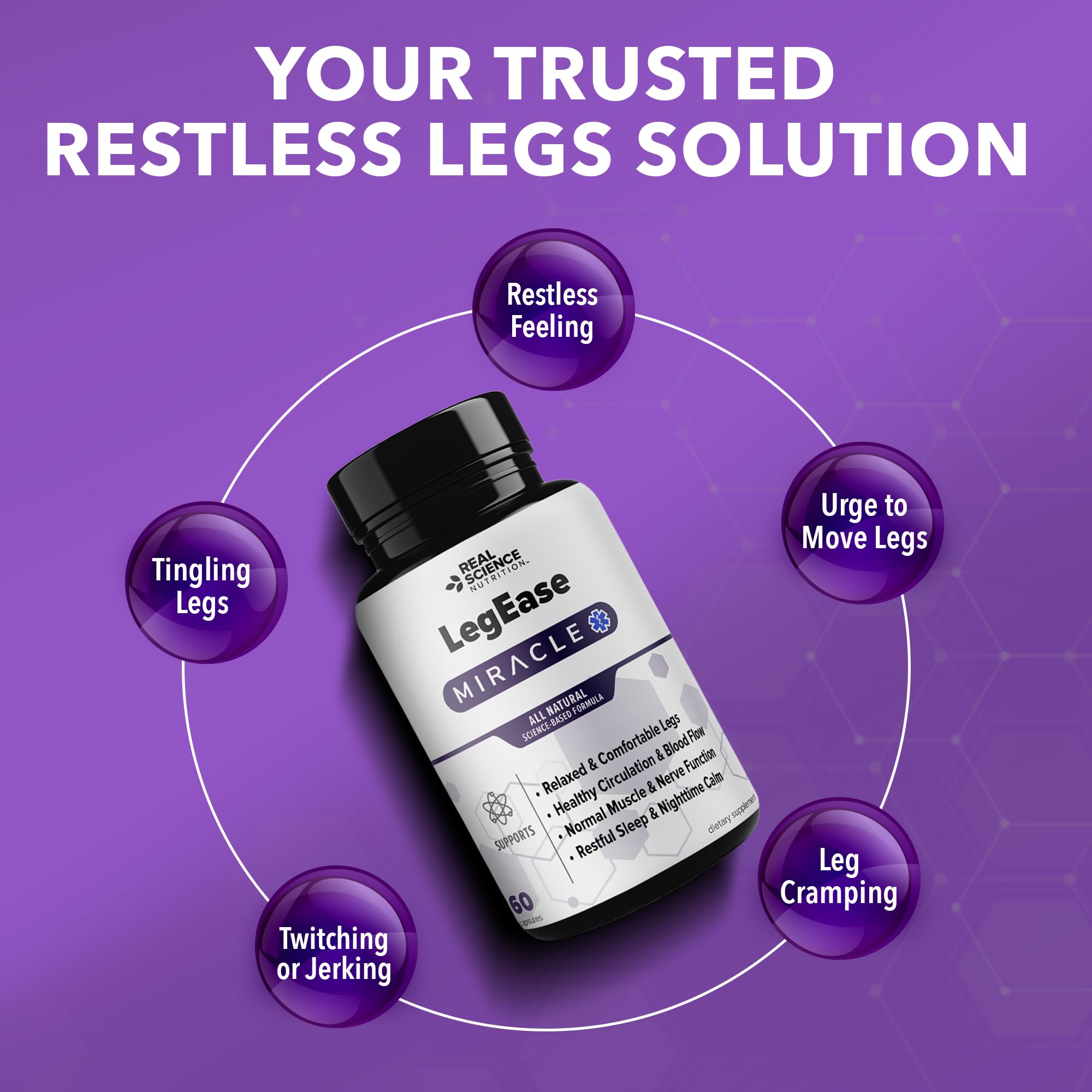 Real Science LegEase Miracle – All Natural Restless Legs Syndrome Relief & Leg Cramp Supplement with Vitamins C, D, K, B6, B12 + Nitric Oxide Support – Sleep & Circulation Aid – Made in USA, 60 Caps Real Science Nutrition buy supplements canada