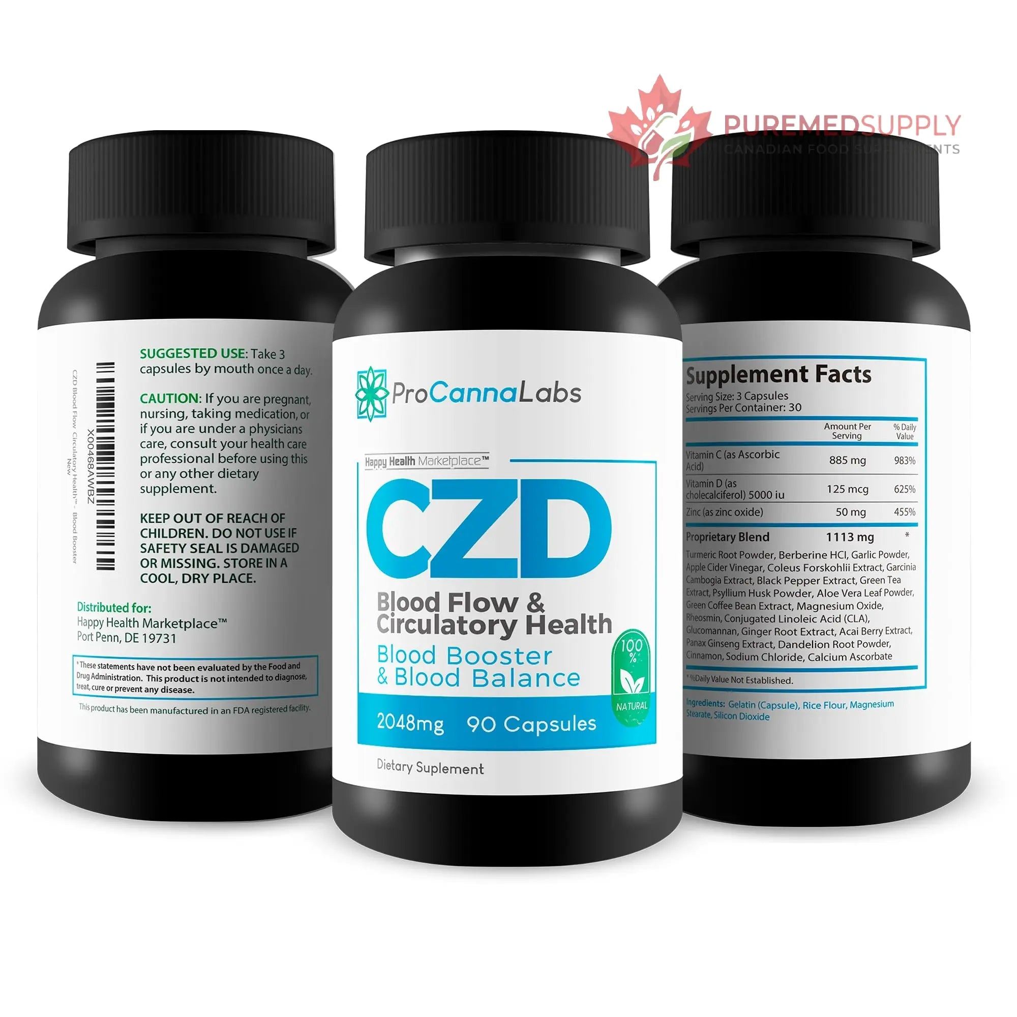 CDZ Supplement Vitamin C D and Zinc Plus Herbs - Our Best Vitamin C D Zinc Blood Booster for Blood Balance & Blood Flow - C Z D Blood Flow & Circulatory Health - Pro Canna Labs Gummies Capsules Happy Health Marketplace buy supplements canada