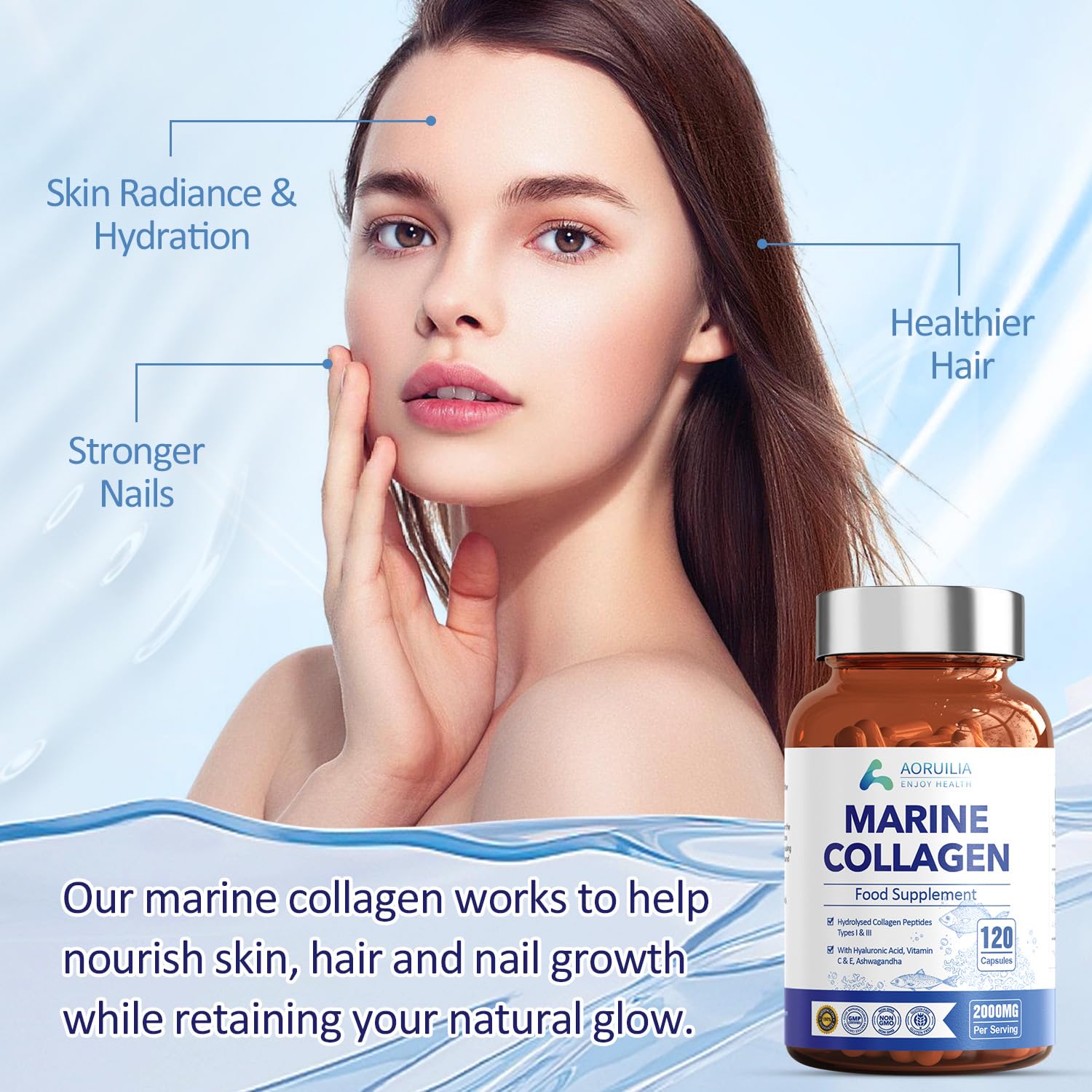 Marine Collagen Supplements for Women Men 2000mg 120 Capsules Hyaluronic Acid, Vitamin C, Vitamin E, & Ashwagandha Aoruilia buy supplements canada