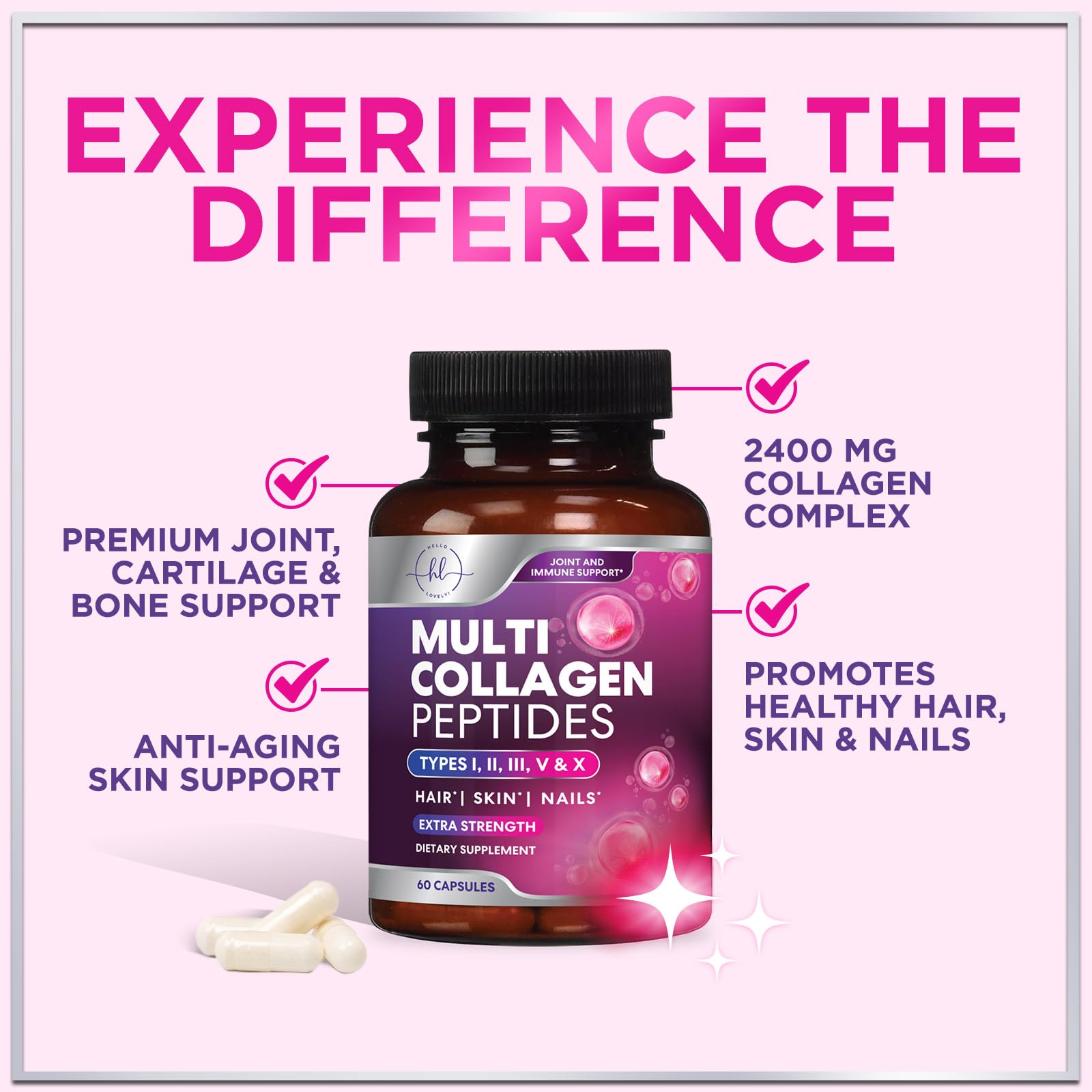 Multi Collagen Supplement 2400 mg - Types I, II, III, V & X Multi Collagen Peptides Pills for Women & Men, Hydrolyzed Collagen Supplements, Hair, Skin, Nail, & Joint Support Supplement, 60 Capsules Hello Lovely! buy supplements canada