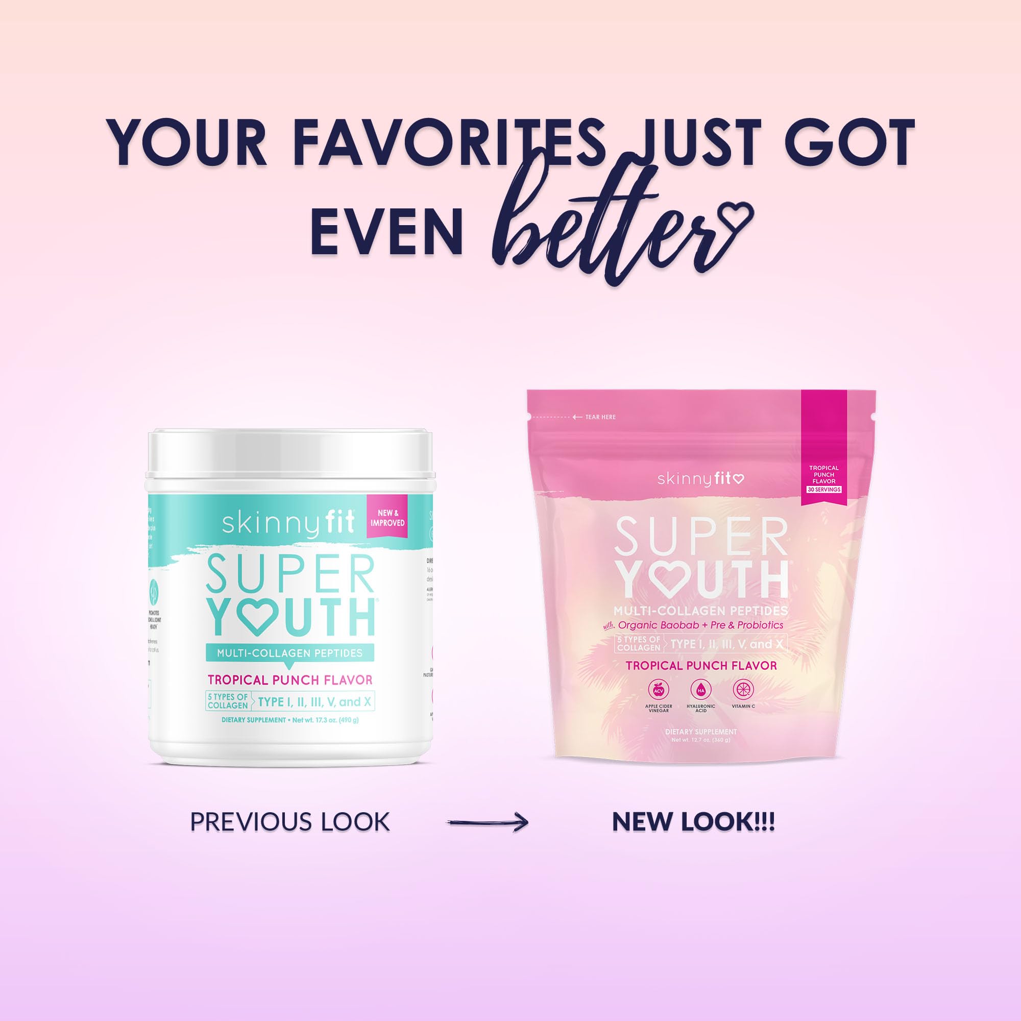 SkinnyFit Super Youth Tropical Punch Multi-Collagen Peptides + Probiotics, Baobab Fiber SkinnyFit buy supplements canada