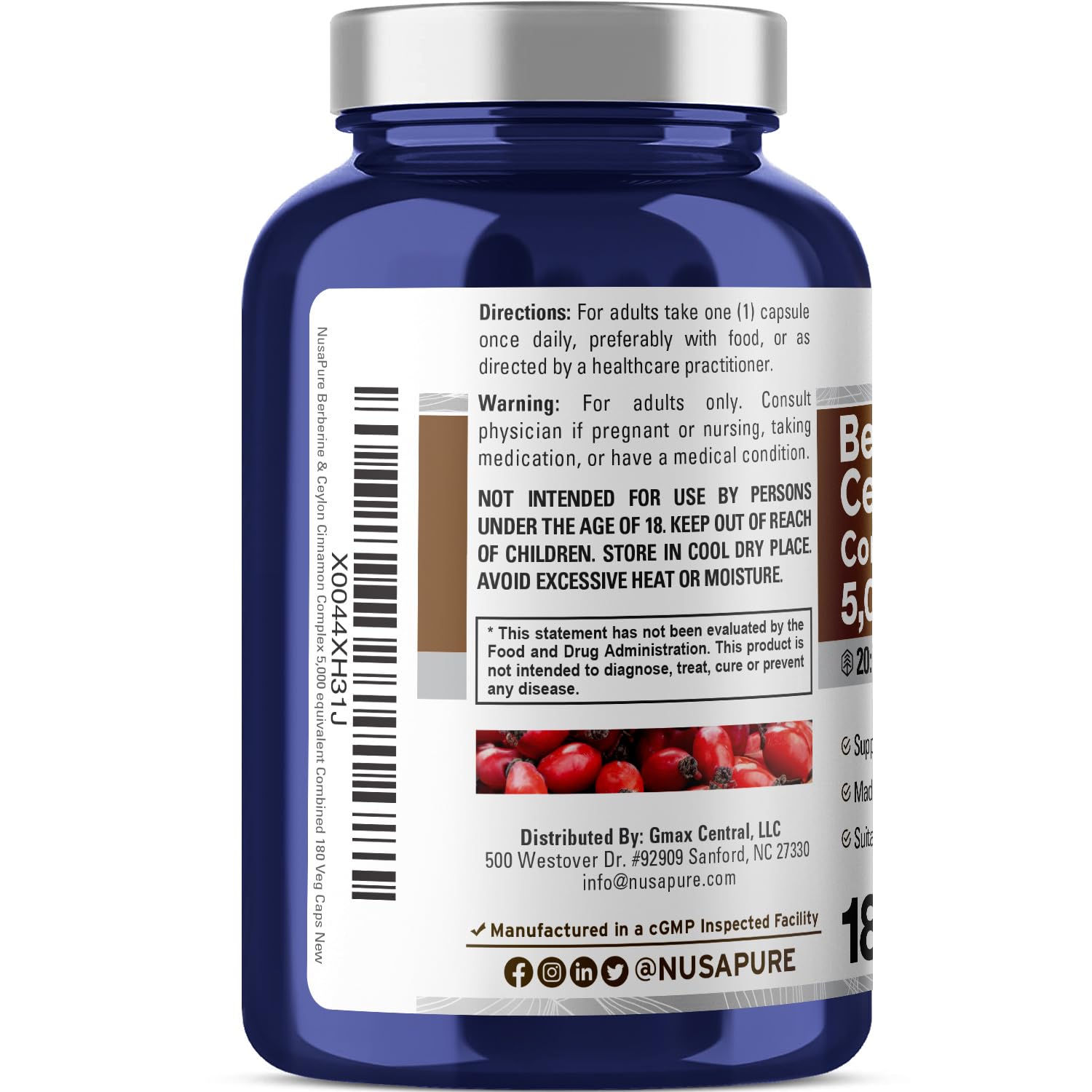 NusaPure Berberine with Ceylon Cinnamon 20:1 Extract, 250 mg Equivalent to 5000mg 180 Veggie Capsules, Vegetarian, Non-GMO Supplement, (Berberine Complex) NusaPure buy supplements canada