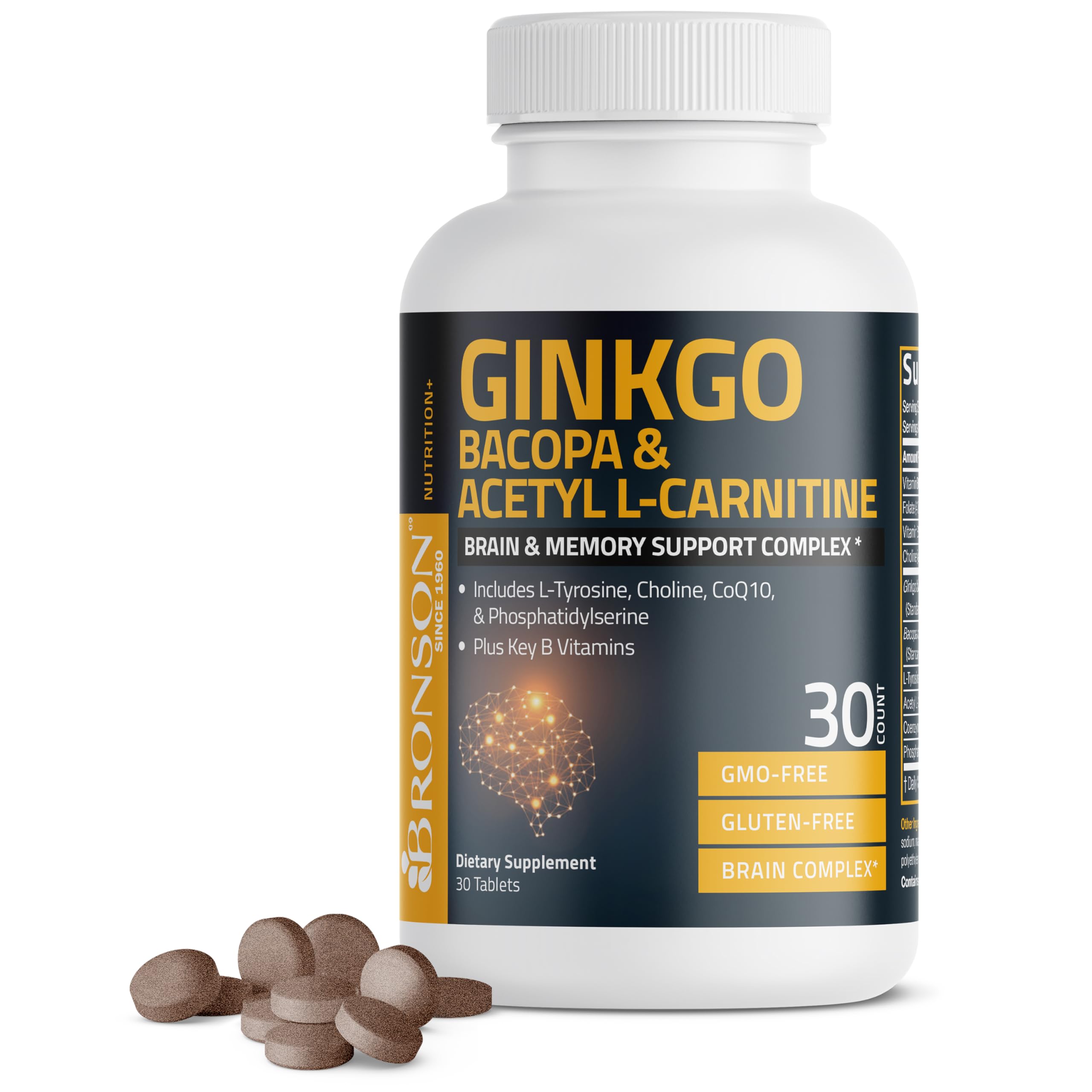 Bronson Ginkgo, Bacopa & Acetyl L-Carnitine Brain & Memory Support Complex with L-Tyrosine, Choline, CoQ10 & Phosphatidylserine Plus Key B Vitamins Non-GMO, 30 Tablets Bronson buy supplements canada