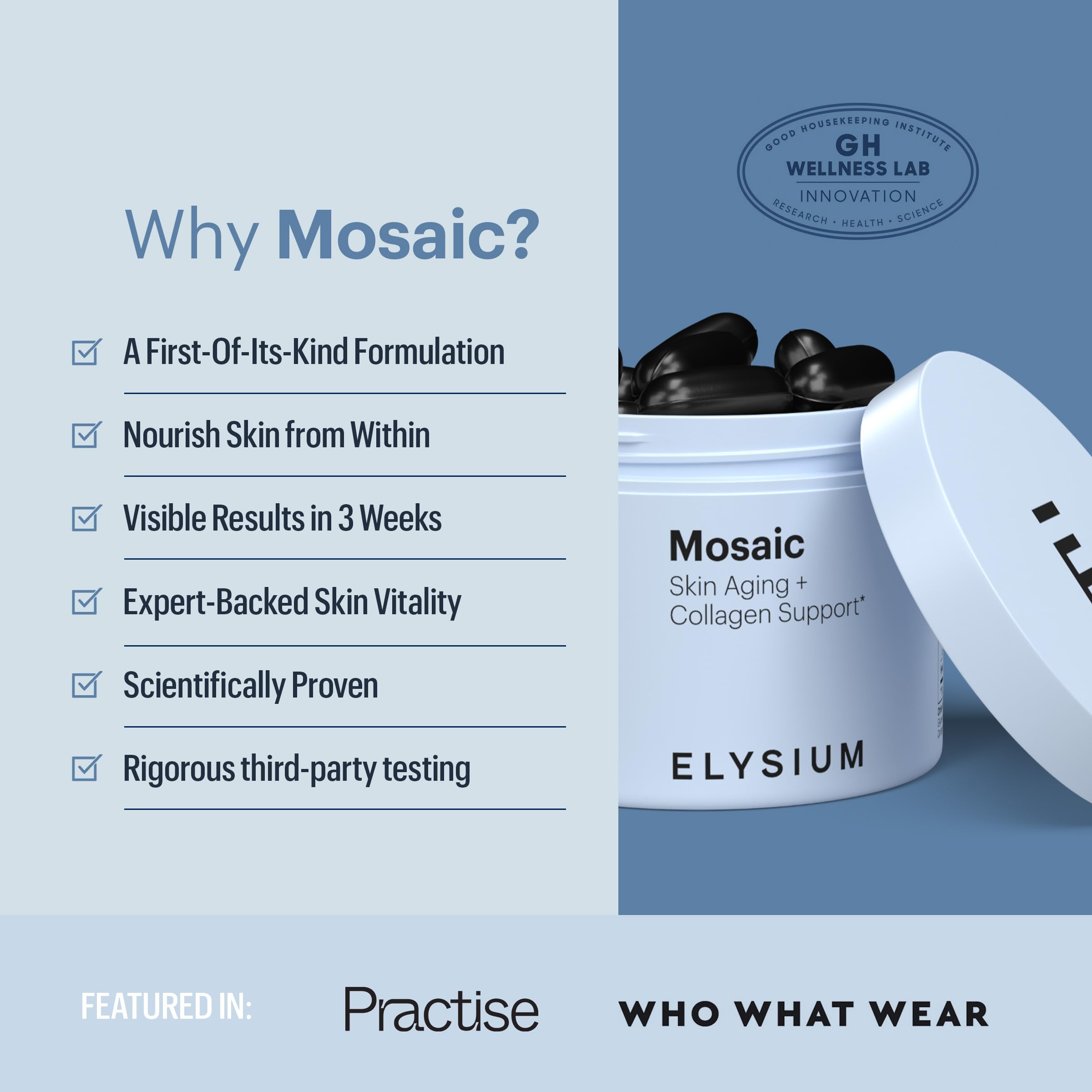 ELYSIUM Mosaic - Hyaluronic Acid Supplement - Clinically Proven - Fights Fine Lines & Skin Aging - Collagen Supplement - 30-Day Supply (Vegan Softgels) ELYSIUM buy supplements canada