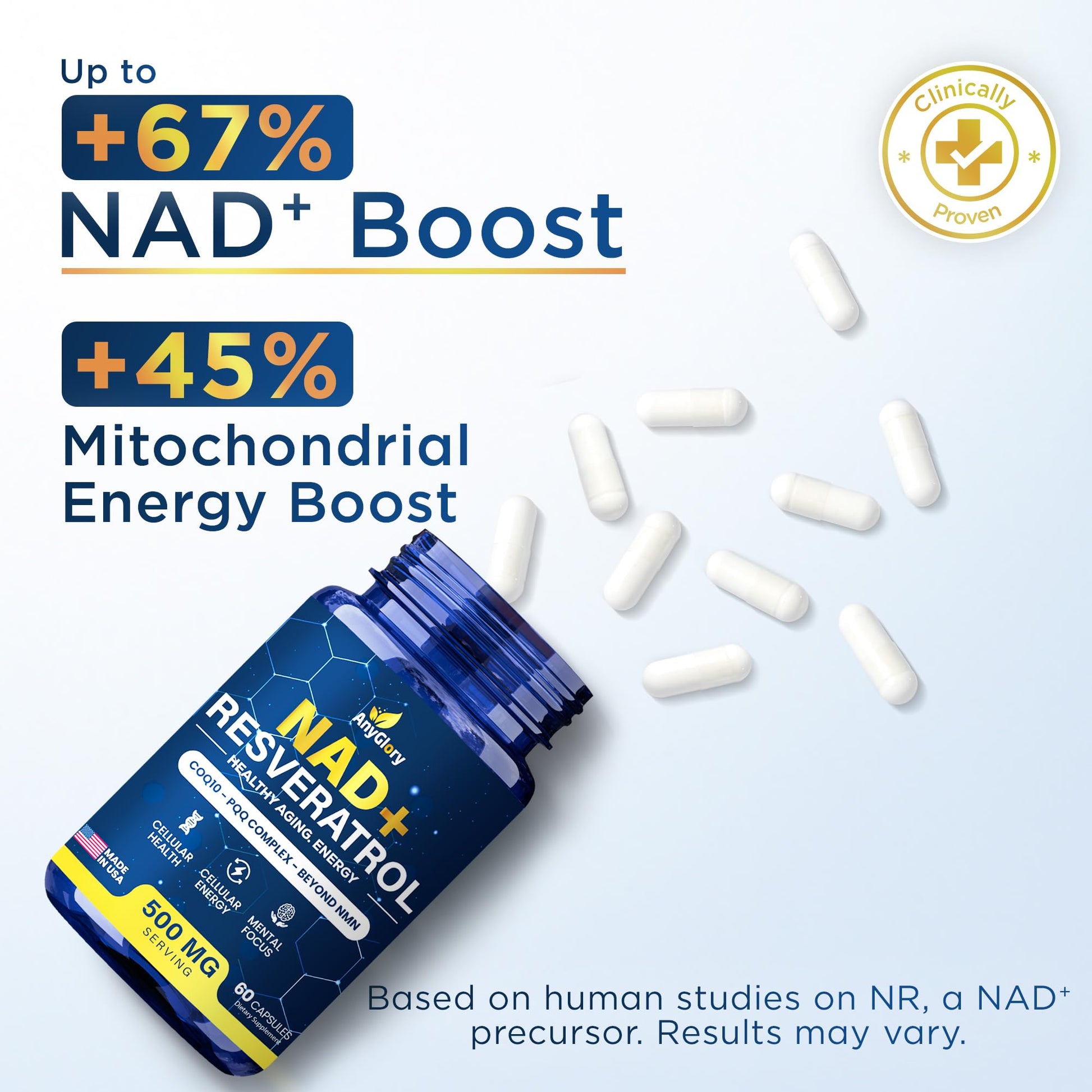Anyglory NAD+ Supplement with 500mg NR, Resveratrol, CoQ10, PQQ- 5-in-1 NAD Formula |NMN Supplement Alternative|NAD Resveratrol Support Cellular Energy & Healthy Aging-Made in USA-60 Capsules Anyglory buy supplements canada