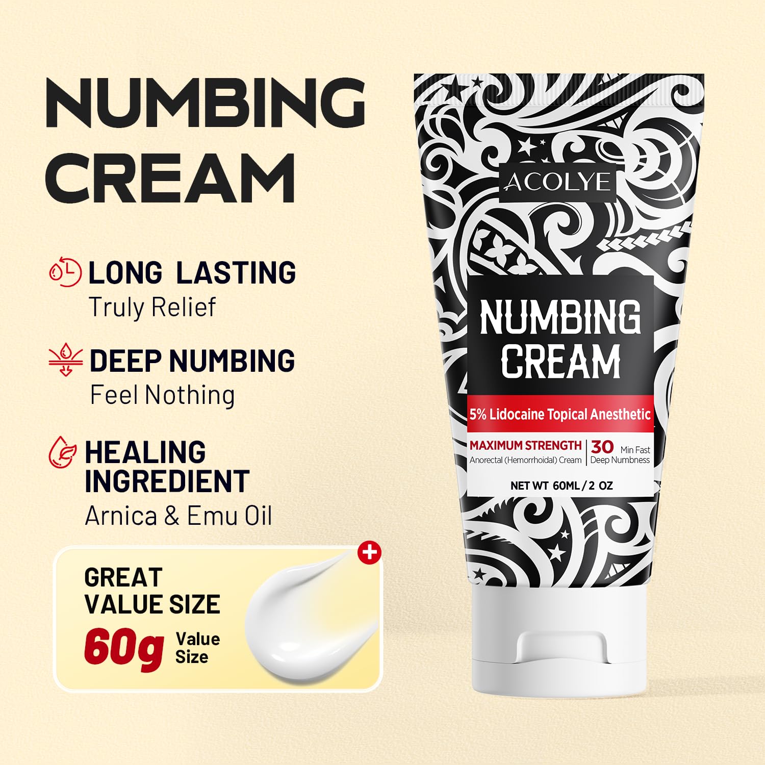 Acolye Numbing Cream Maximum Strength : 5% Lidocaine Topical Anesthetic - Extra Strength 5X Numbing with Menthol Arnica and Emu Oi (2 Fl Oz, Mint Flavor) Acolye buy supplements canada