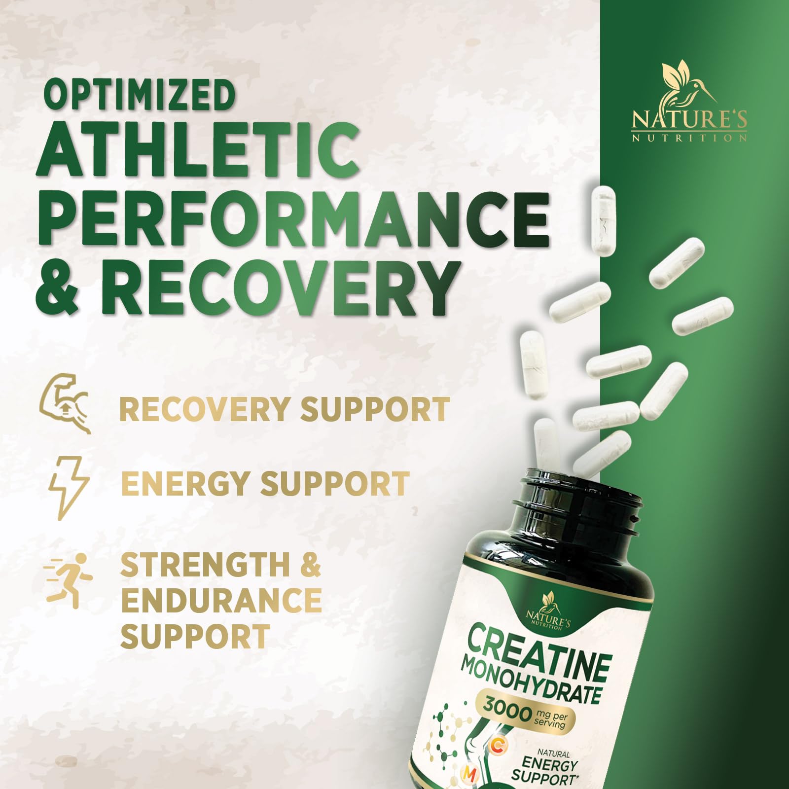 Creatine Monohydrate Capsules 3000mg Per Serving – Micronized Creatine Powder - Supports Lean Muscle, Strength, Energy, & Endurance - Nature's Supplement, Non-GMO, Bottled in USA - 120 Capsules Nature's Nutrition buy supplements canada