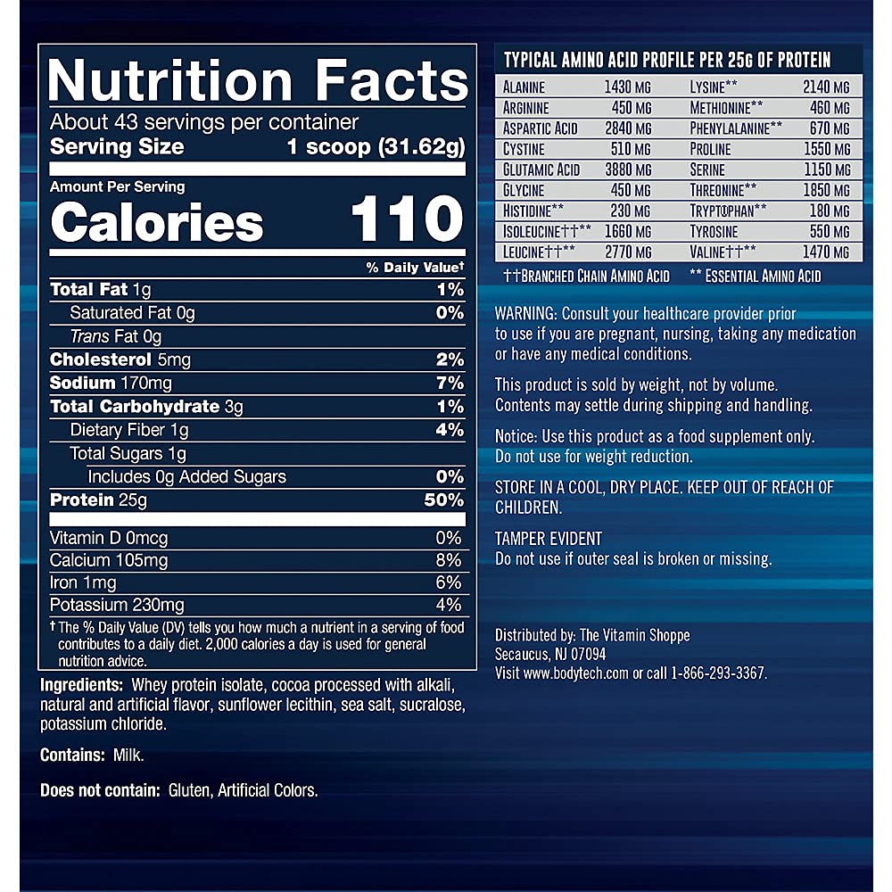BODYTECH Whey Protein Isolate Powder - Rich Chocolate (3 lbs./43 Servings) BODYTECH buy supplements canada