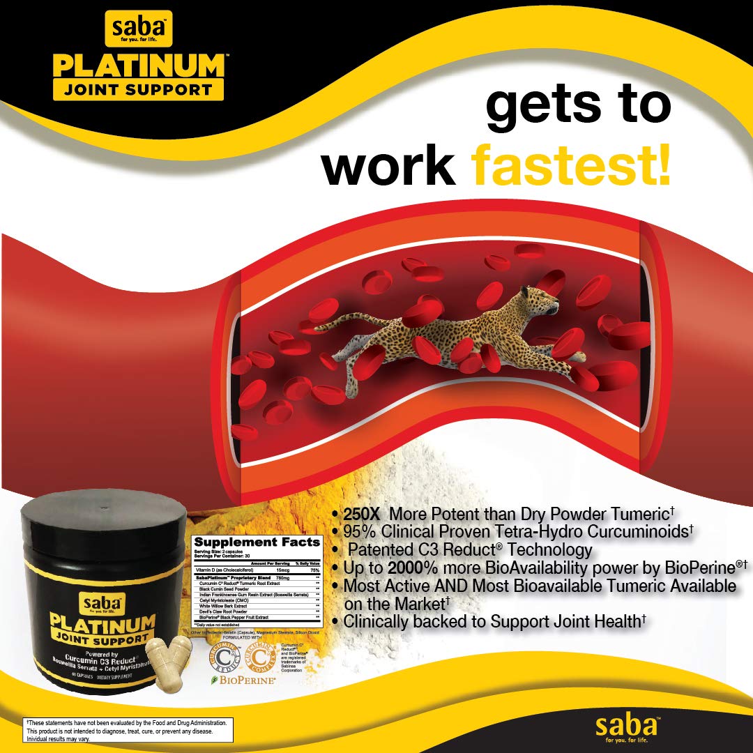 Saba Platinum Joint Support – High Absorption Curcumin C3 Reduct & Boswellia – Fast Acting Turmeric Supplement for Joint Pain Relief, Mobility & Healthy Inflammation Response – 60 Vegan Capsules Saba buy supplements canada